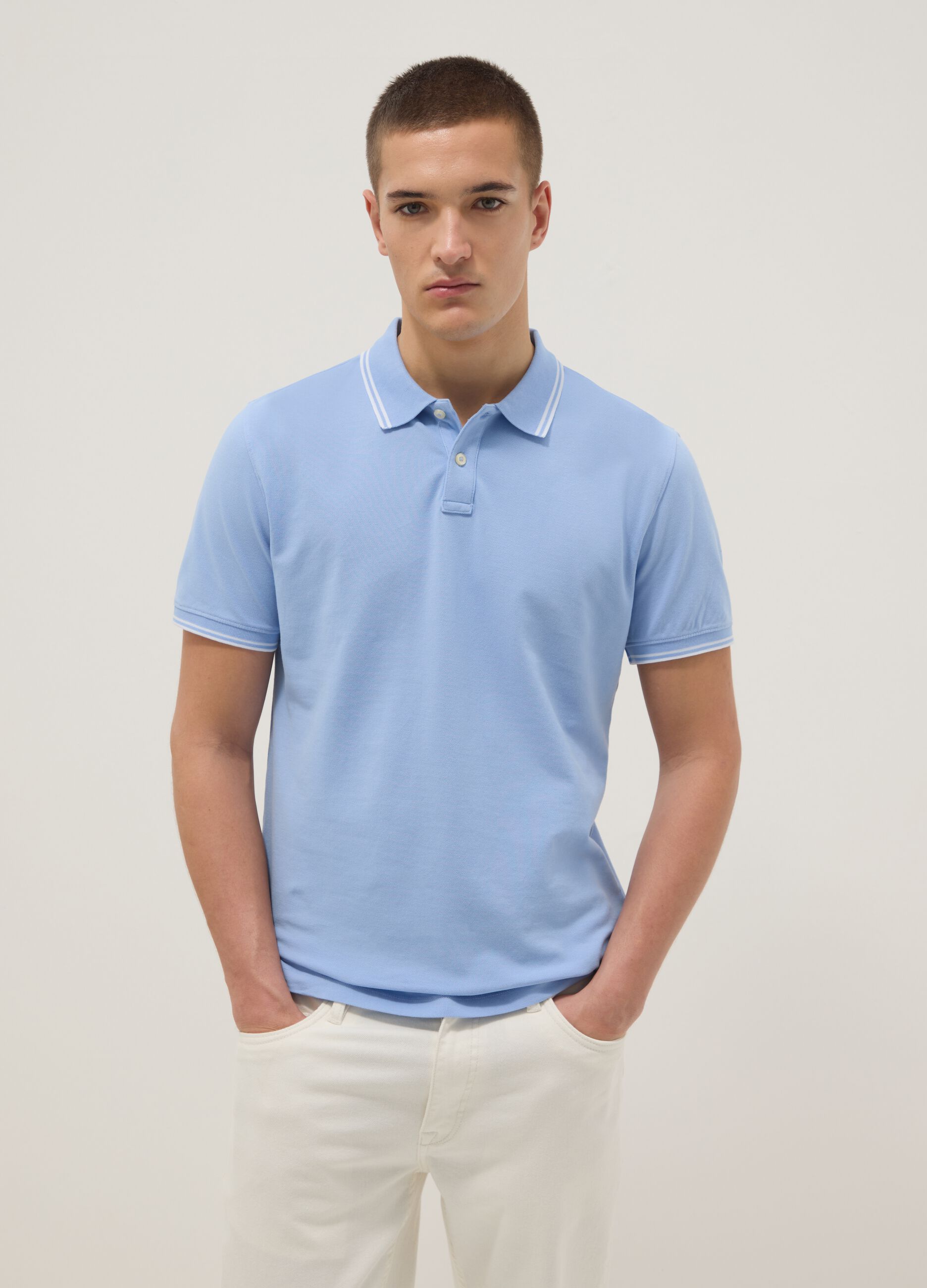 Light blue stretch cotton polo shirt, regular fit
