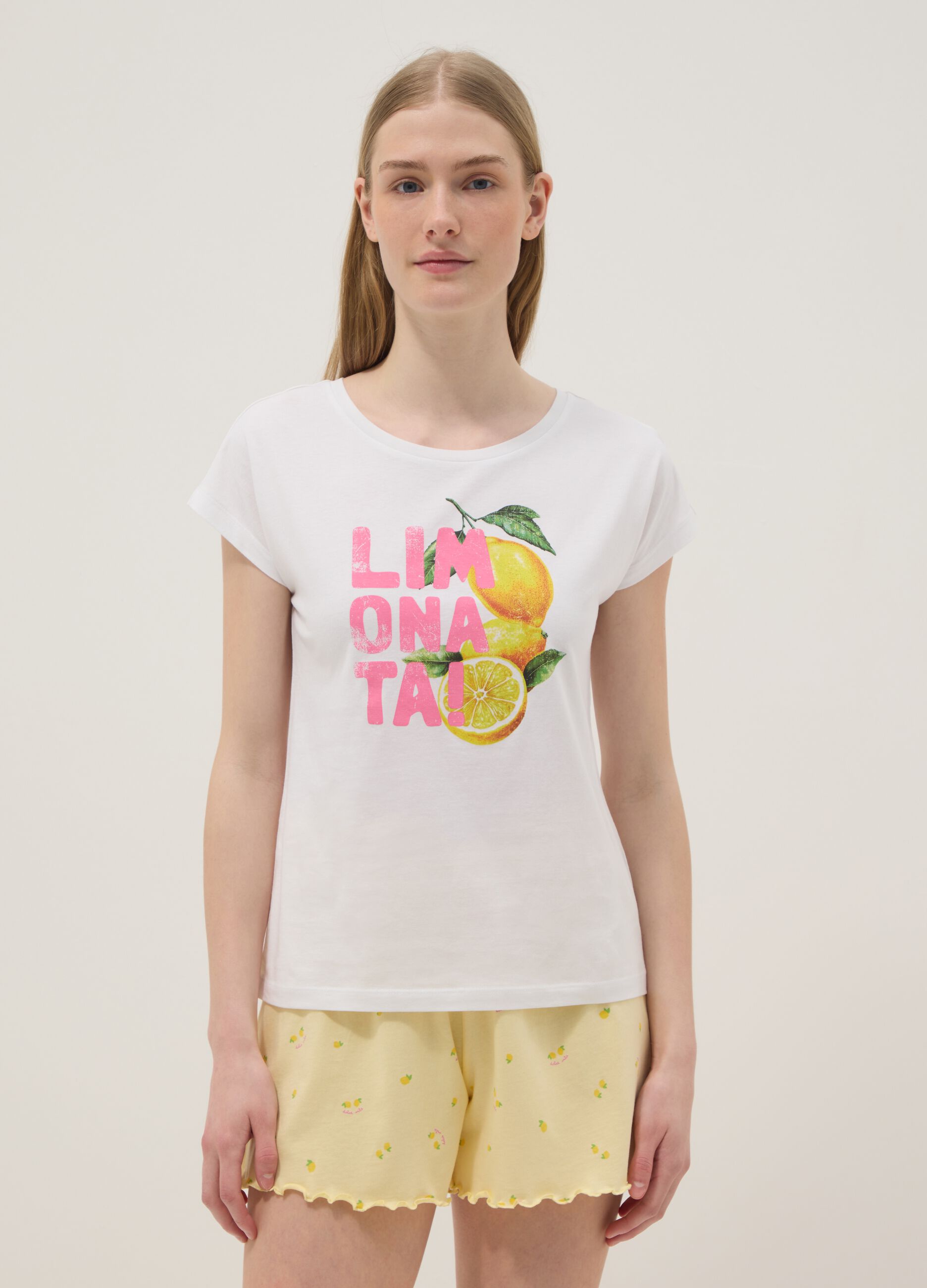 T-shirt pigiama bianco in puro cotone organico con stampa regular fit