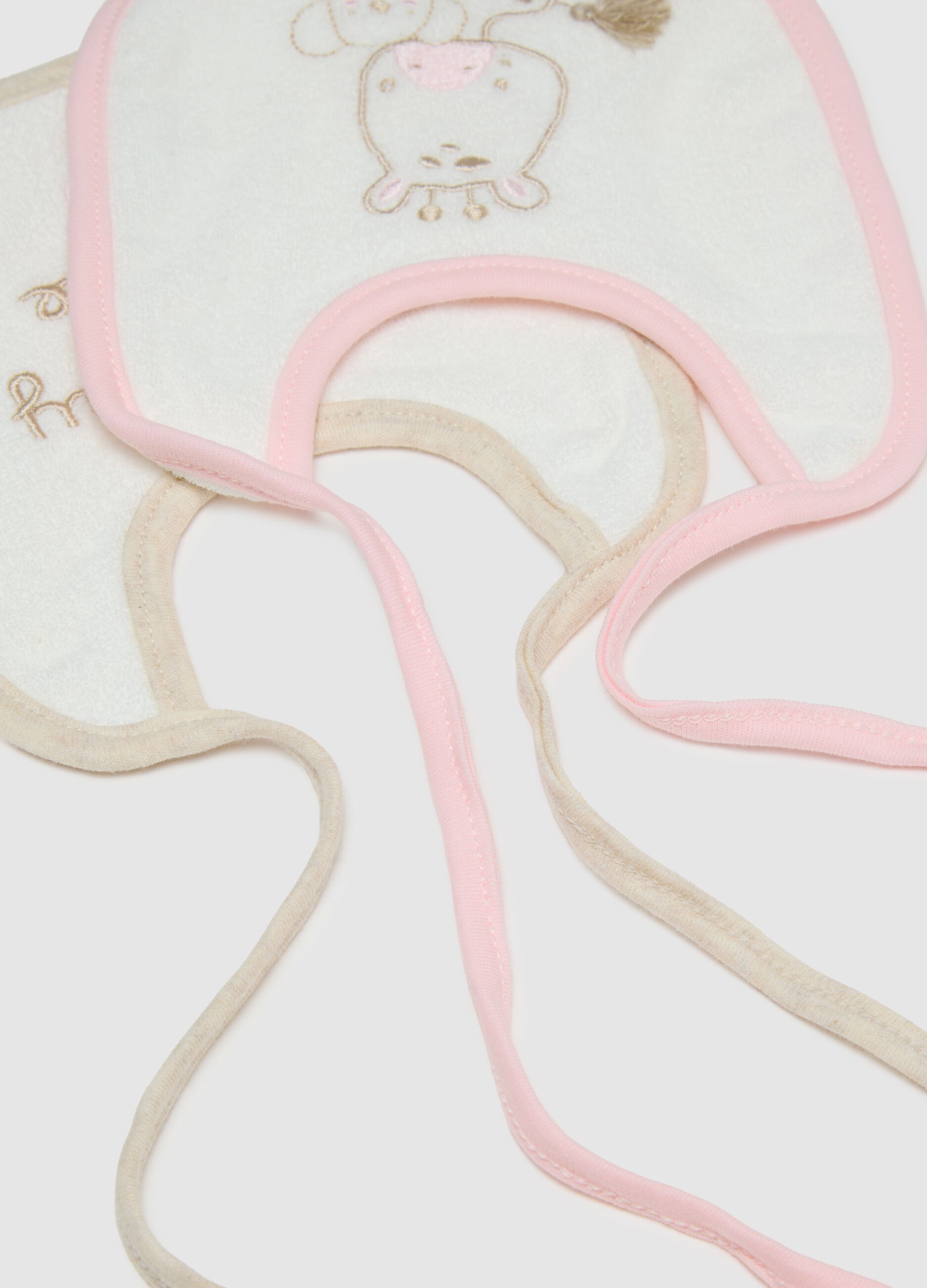 Set of two baby bibs in pure multicolour cotton with embroidery