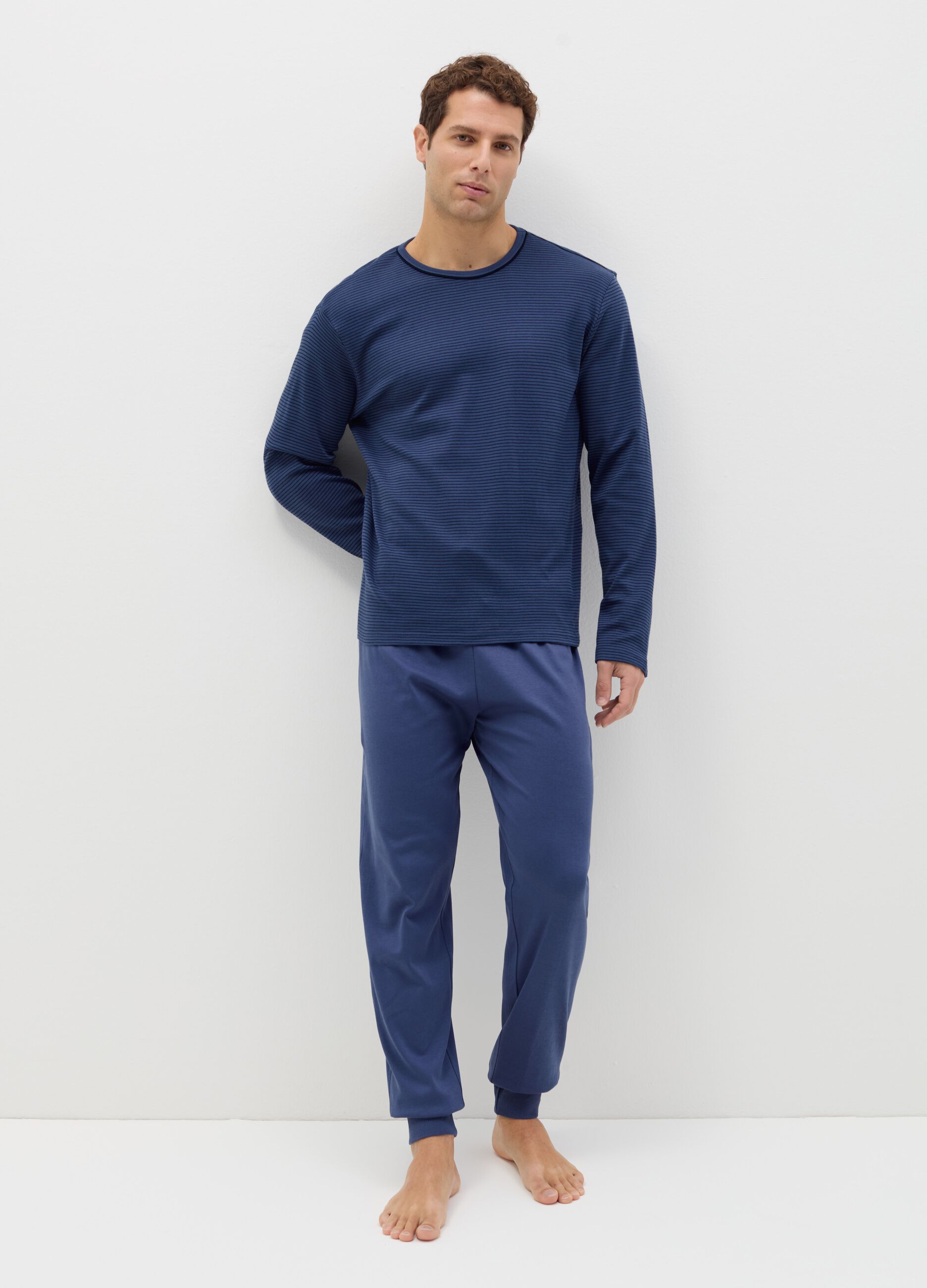 Cotton pyjamas with thin striped top