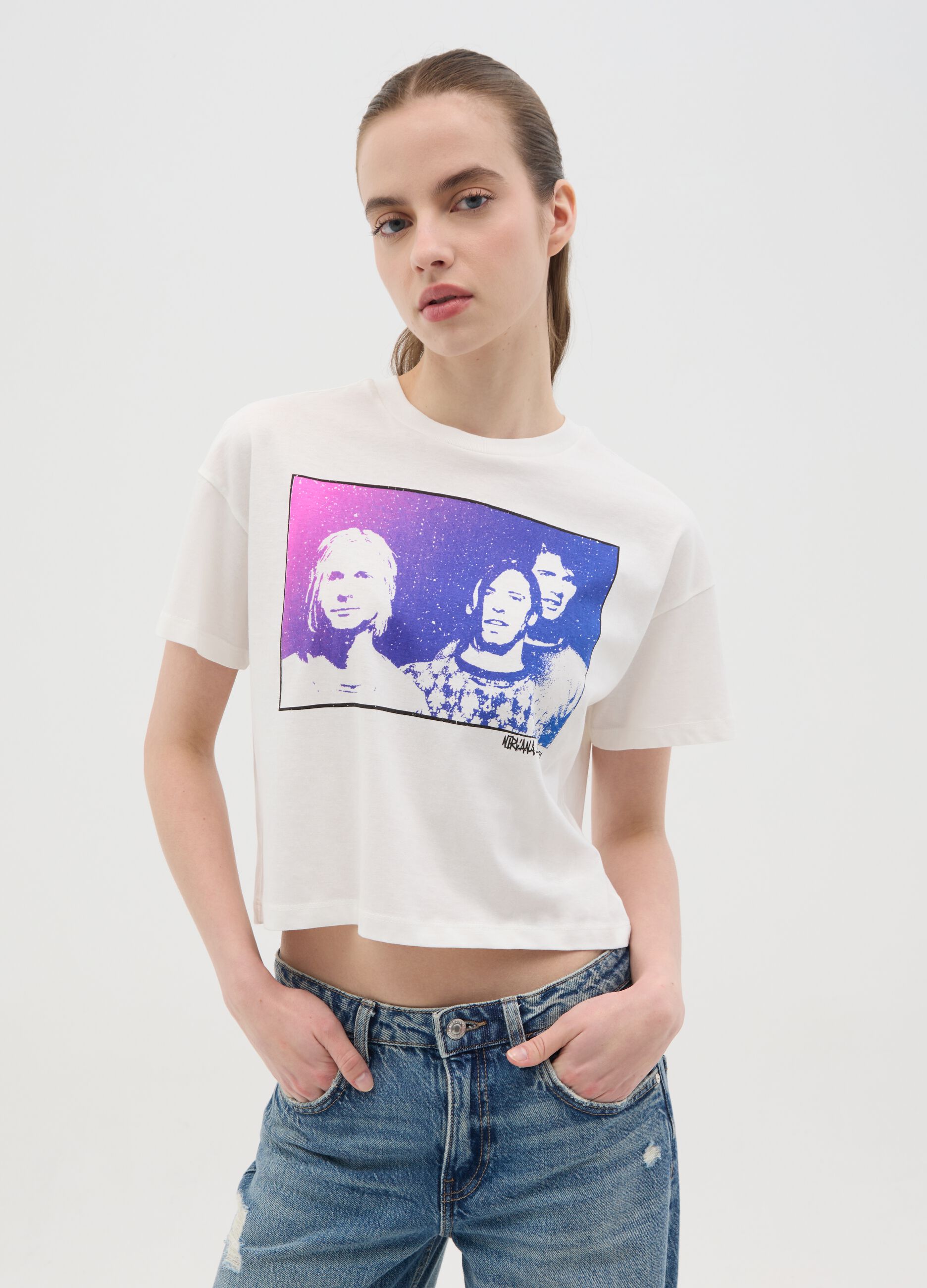 White boxy-fit T-shirt with Nirvana print