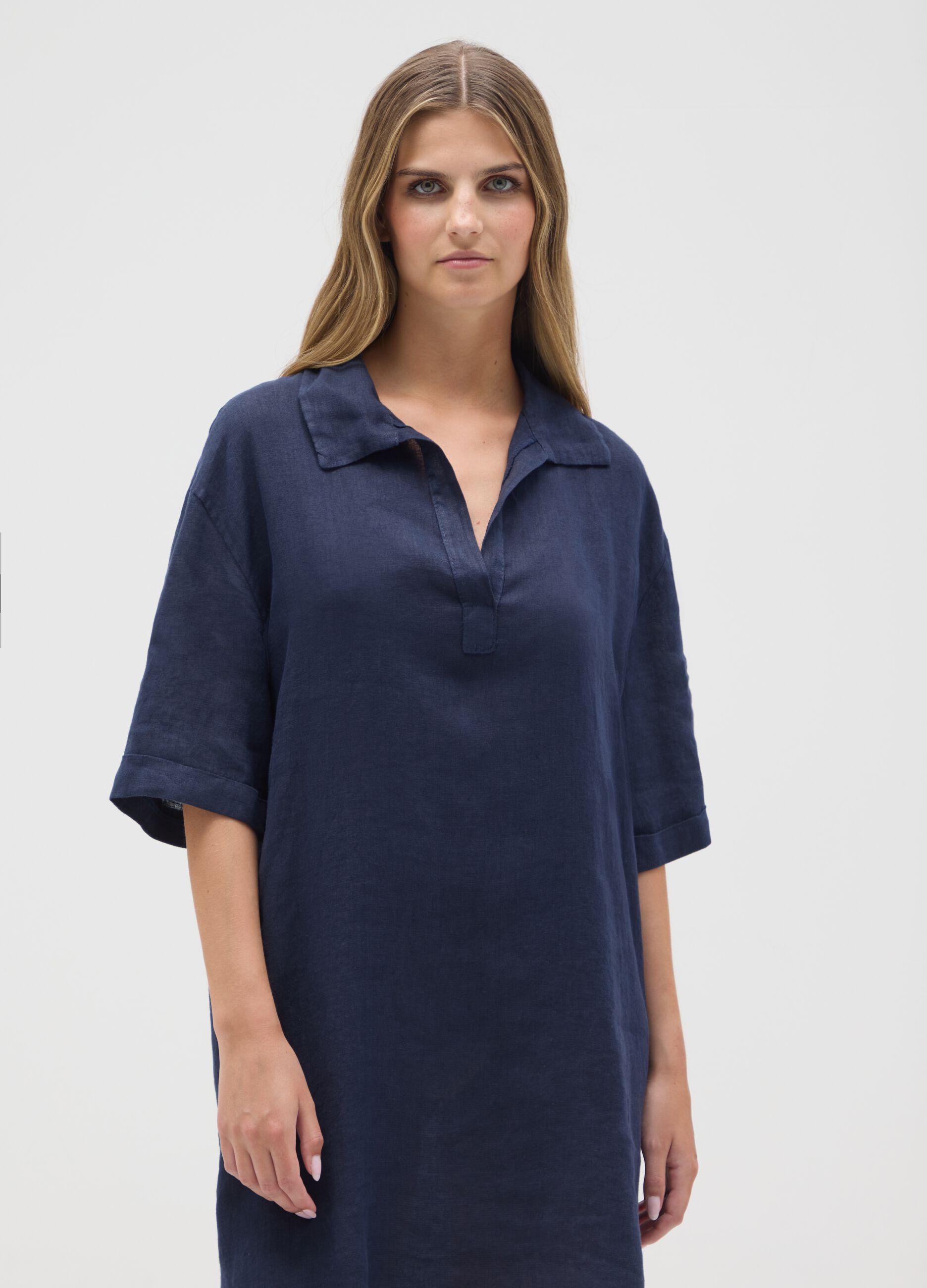 Women's Blue Linen Dress Regular Fit