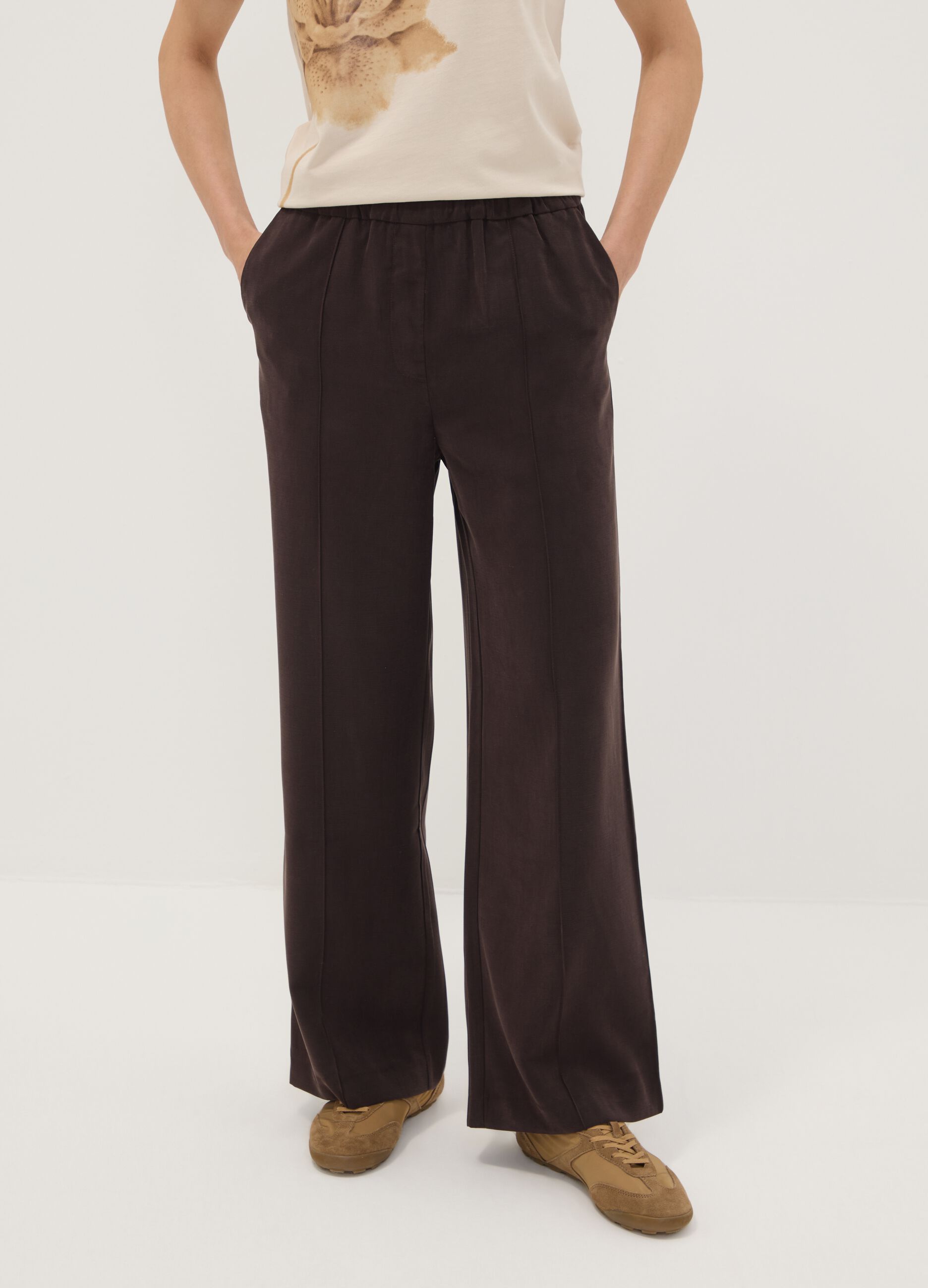 Brown viscose-blend wide-leg jogger trousers