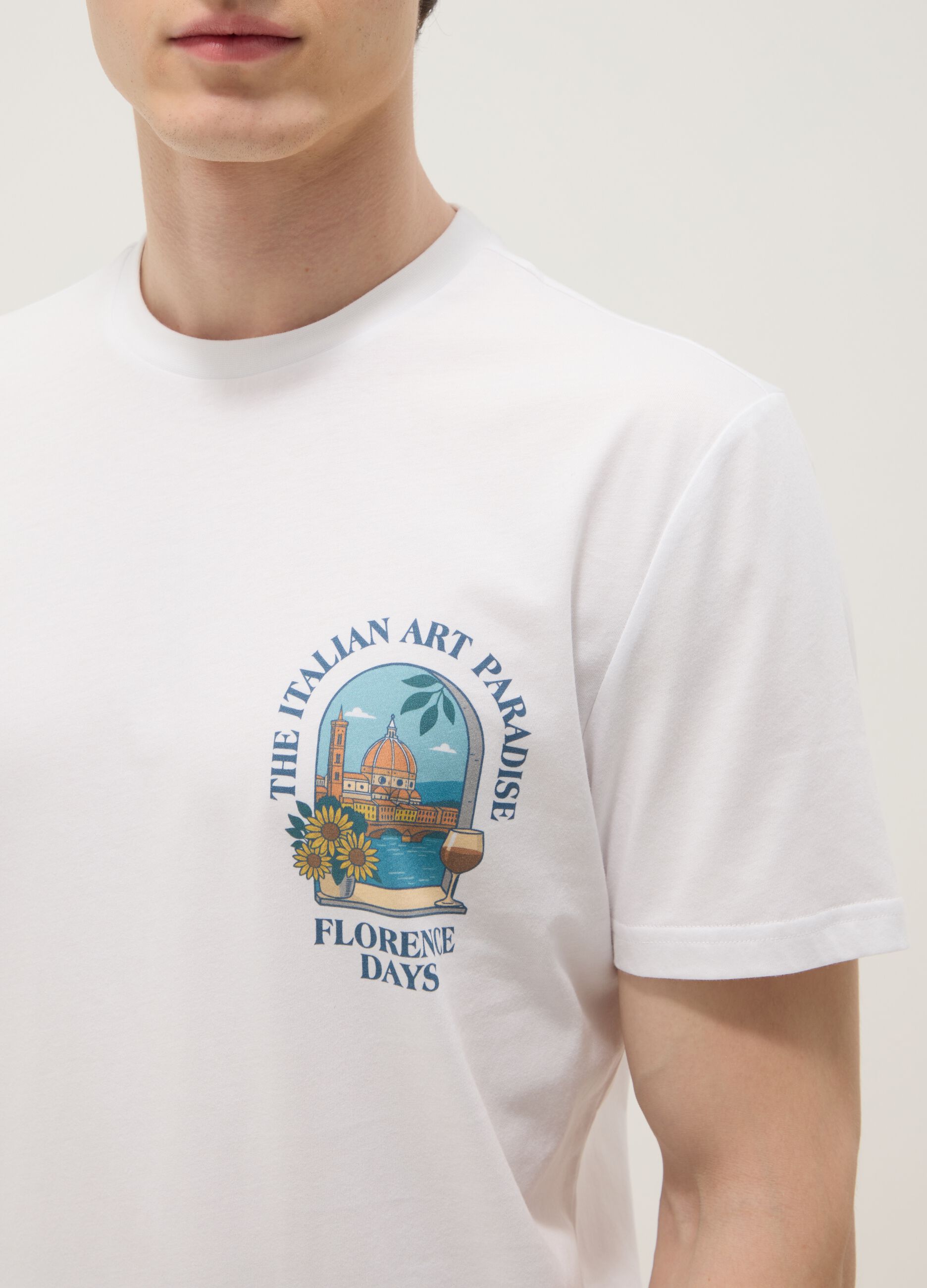 White pure cotton T-shirt with graphic print, regular fit