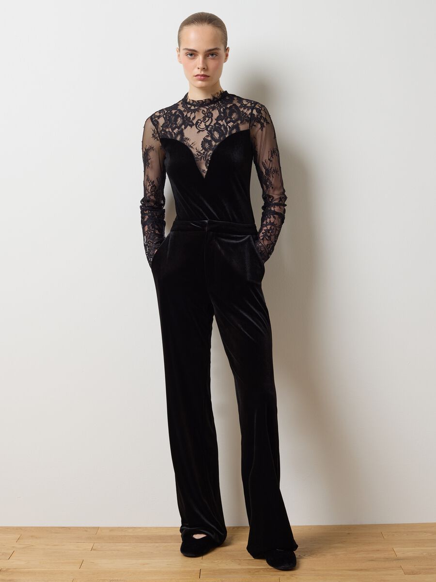 Black stretch fabric bodysuit with sheer details_1
