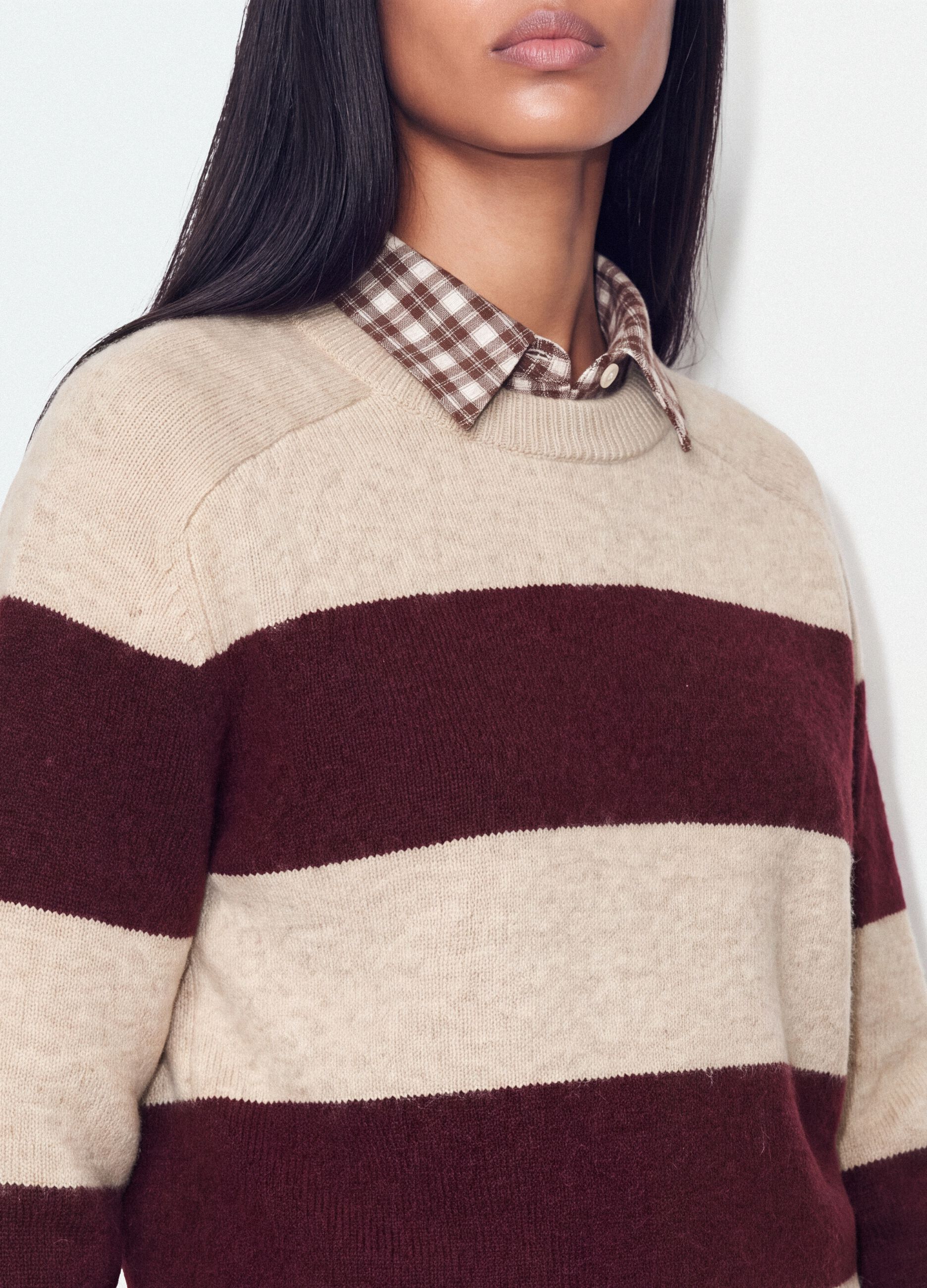 Beige striped stretch wool crew-neck jumper