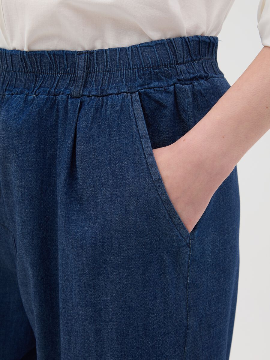 Women's blue denim regular fit trousers with elasticated waist_3