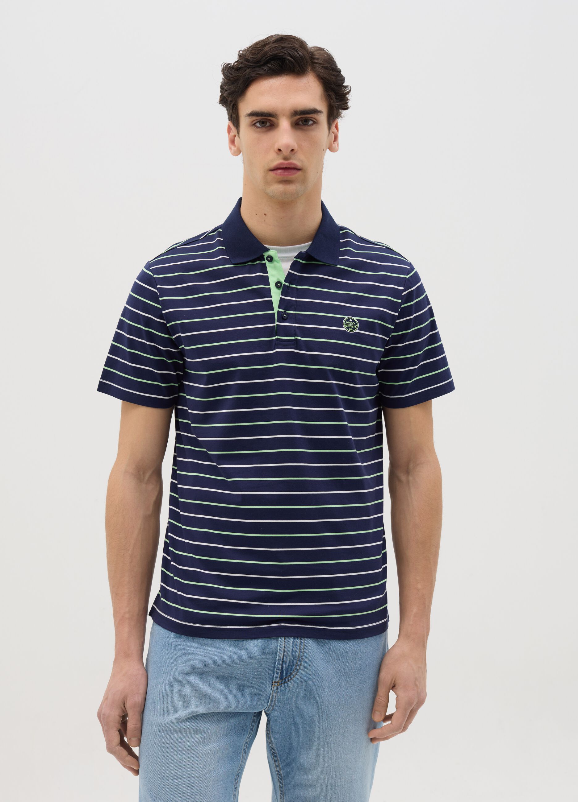 Blue striped polo shirt with short sleeves