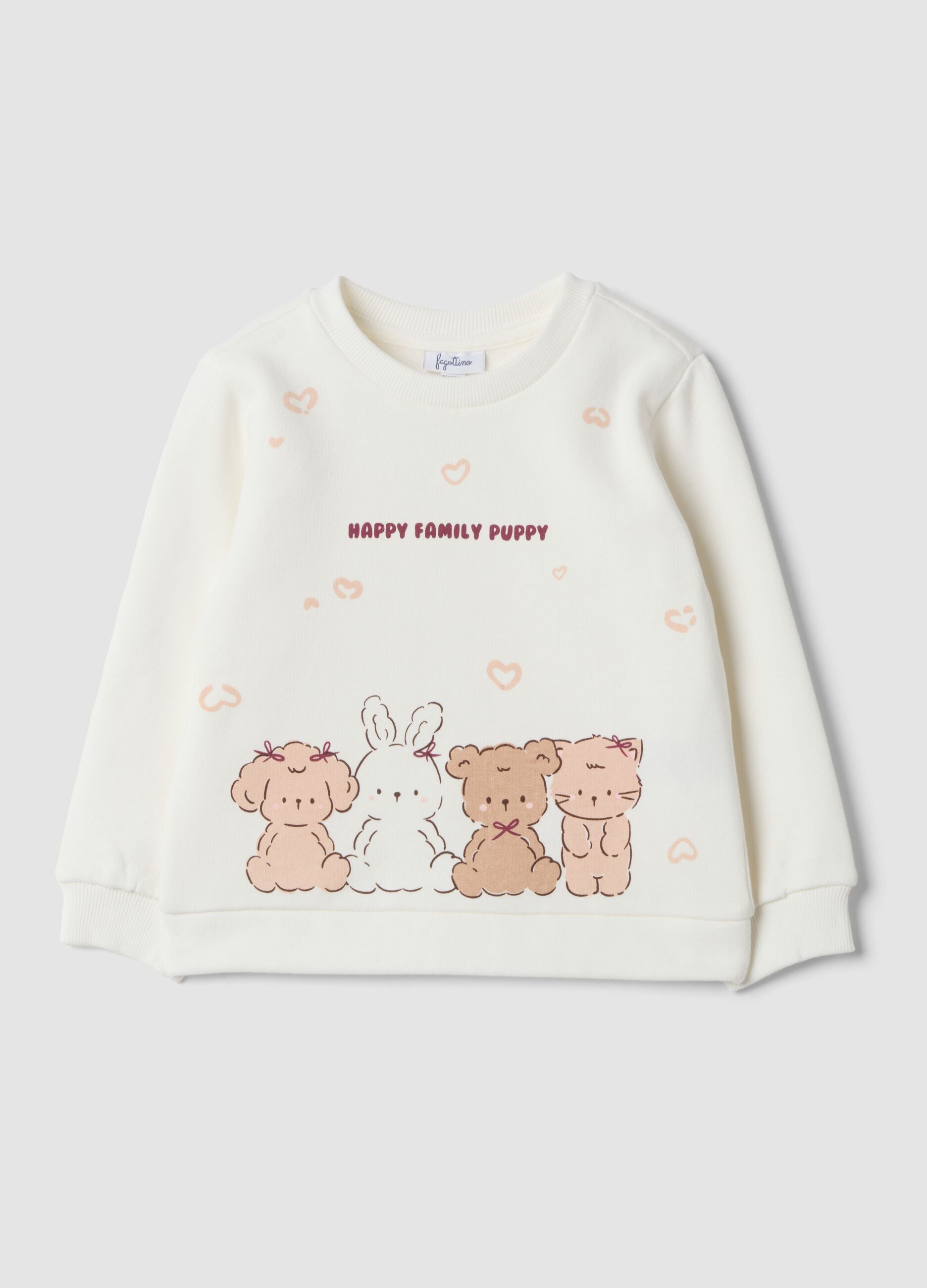 White pure cotton sweatshirt with crew neck and print