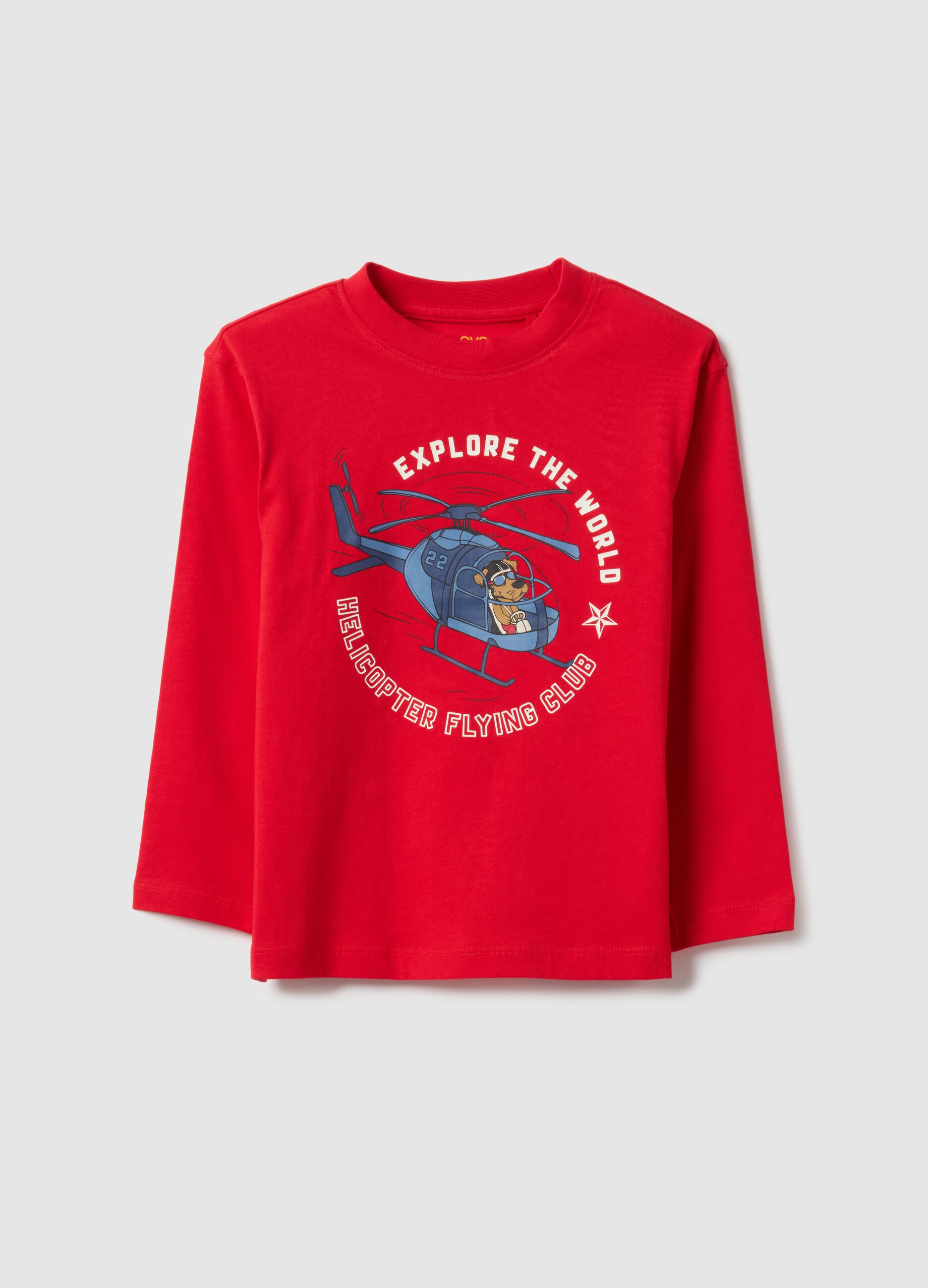 Children's red oversized cotton T-shirt with print