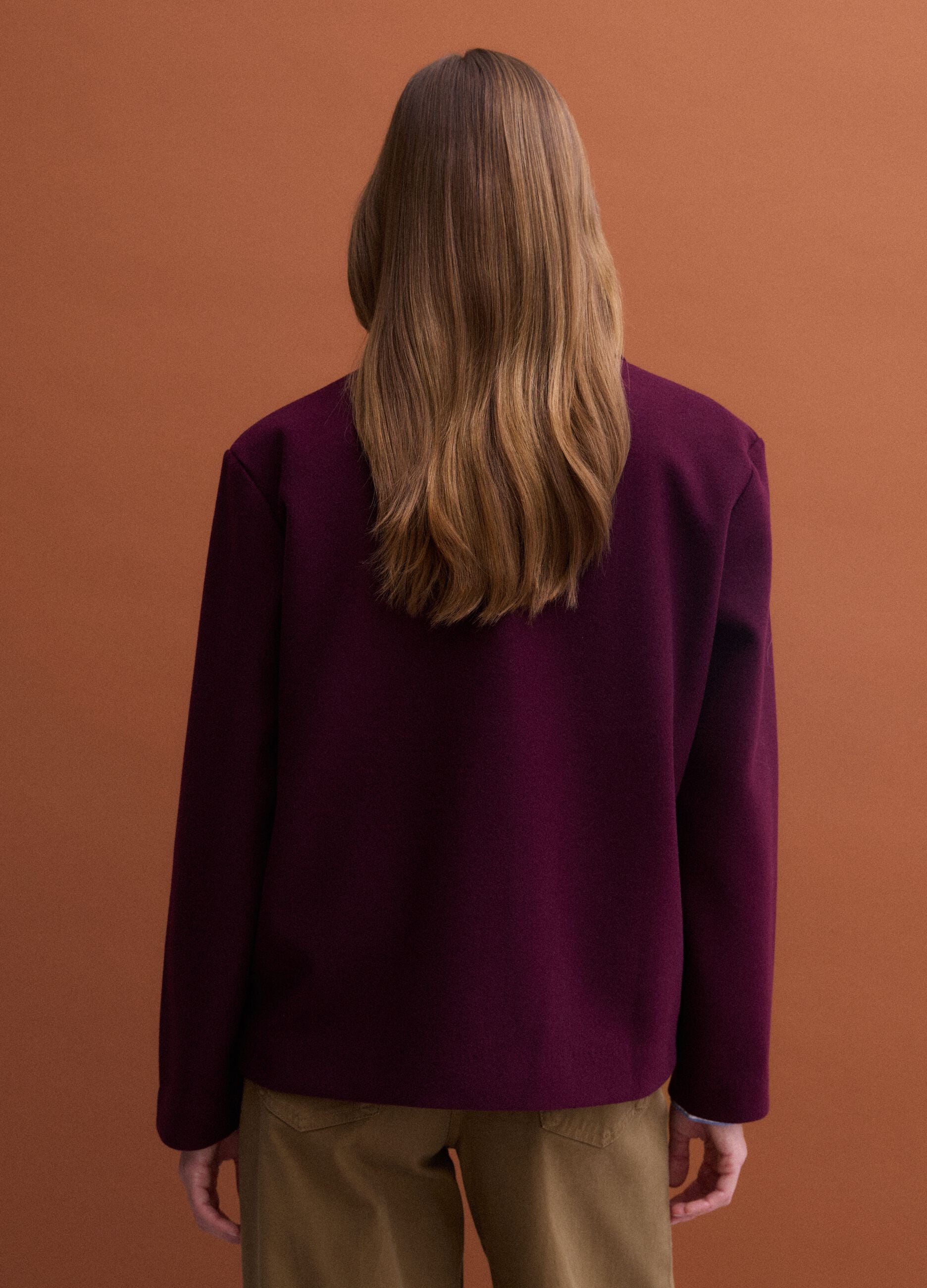 Burgundy red viscose-blend jacket with crew neck, regular fit