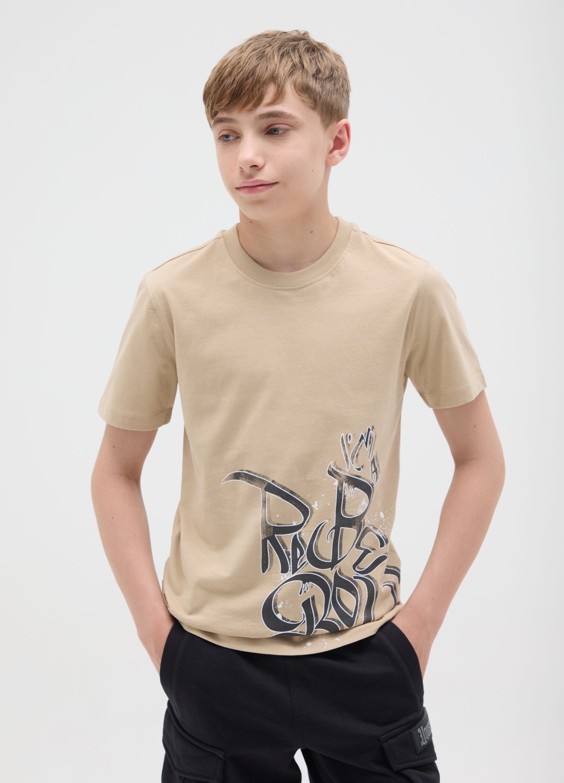 Beige cotton T-shirt with lettering print