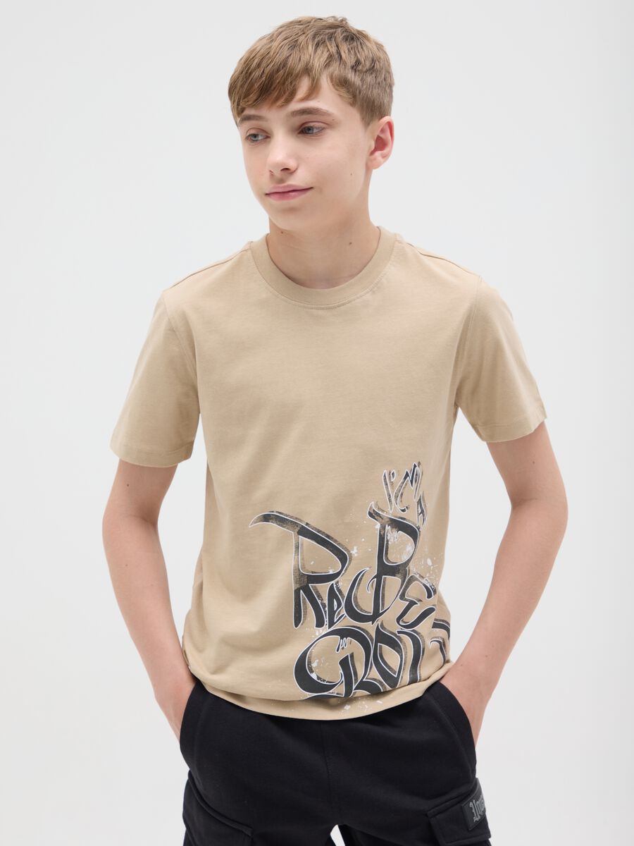 Beige cotton T-shirt with lettering print_0