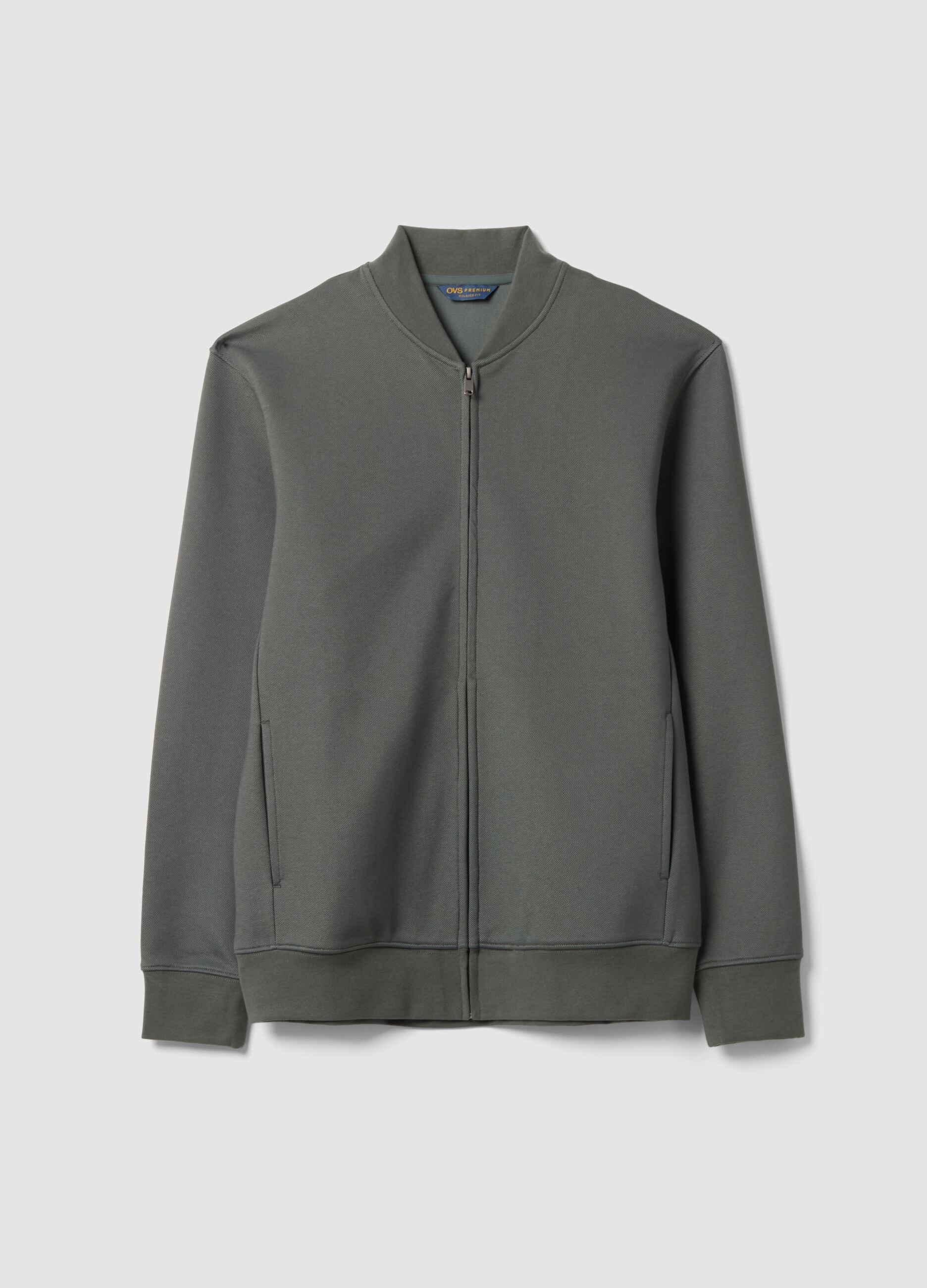 Grey full-zip piqu&eacute; sweatshirt in stretch fabric with ribbed collar