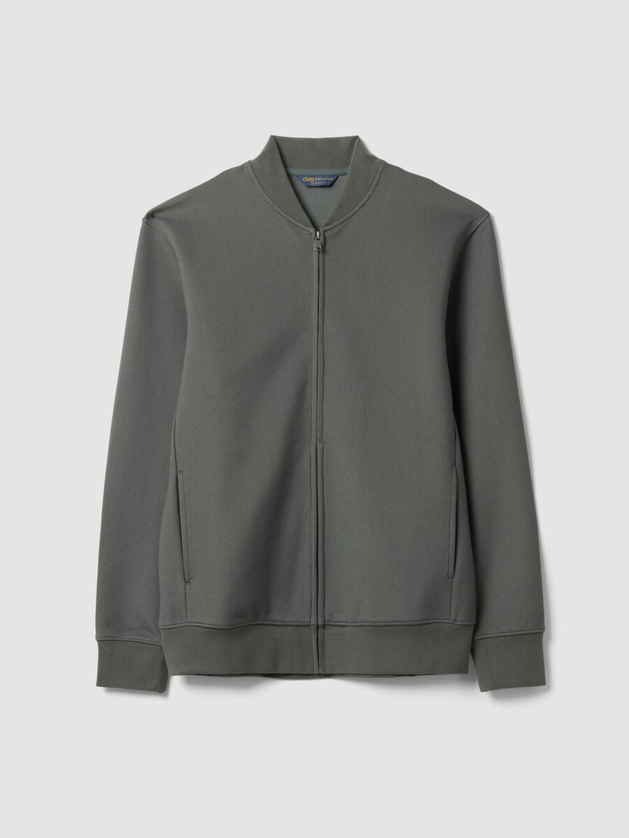 Felpa full zip grigia in piquet di tessuto elasticizzato con collo a costine_4
