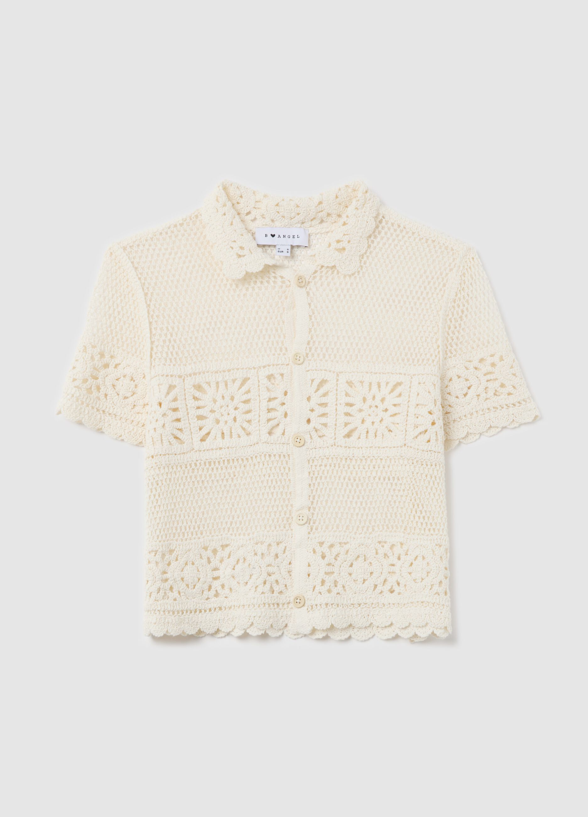 Women’s short, beige regular-fit shirt in cotton blend.