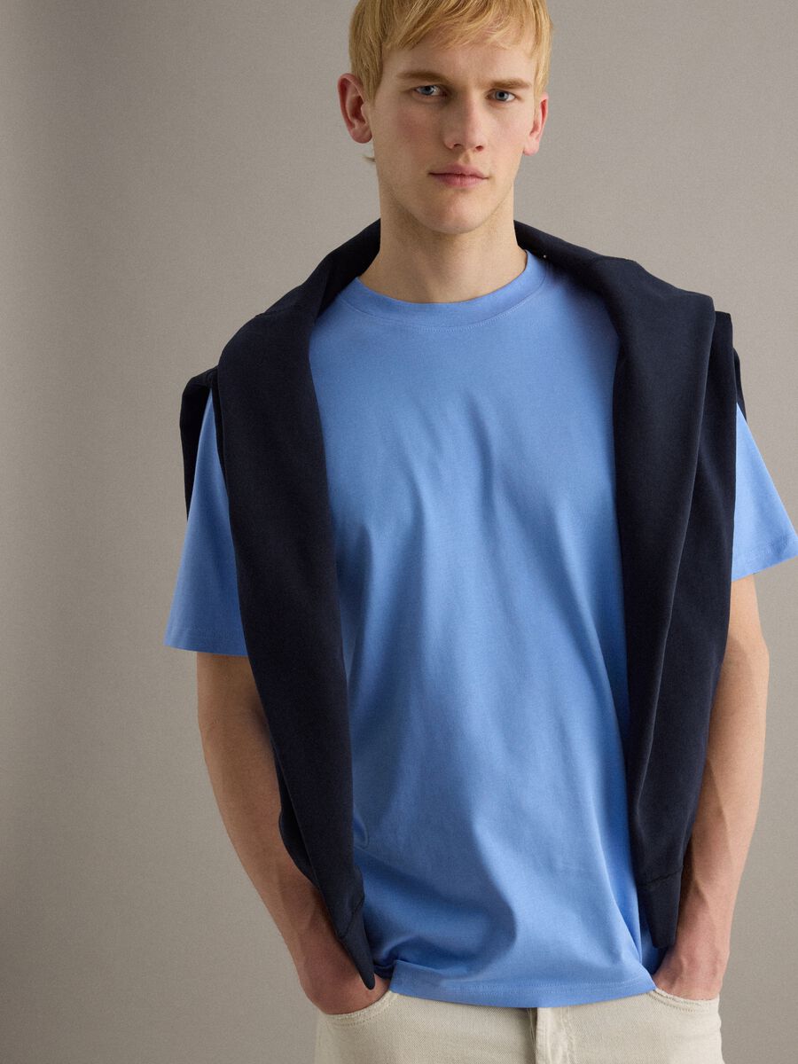 Light Blue Crew Neck Pure Cotton T-shirt Relaxed Fit_1