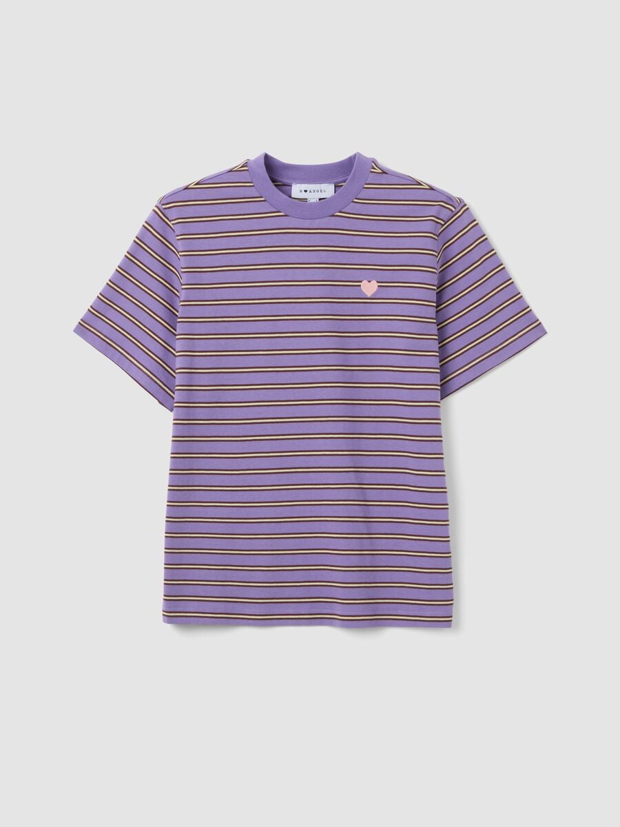 Purple relaxed-fit pure cotton striped T-shirt with embroidered heart_0