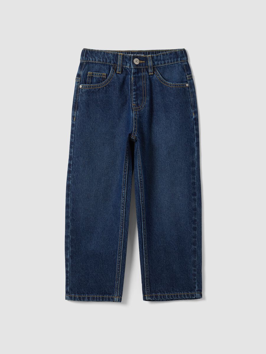 Jeans blu scuro in puro cotone wide leg per bambino_0