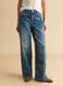 Wide leg blue denim pure cotton jeans with floral design_1
