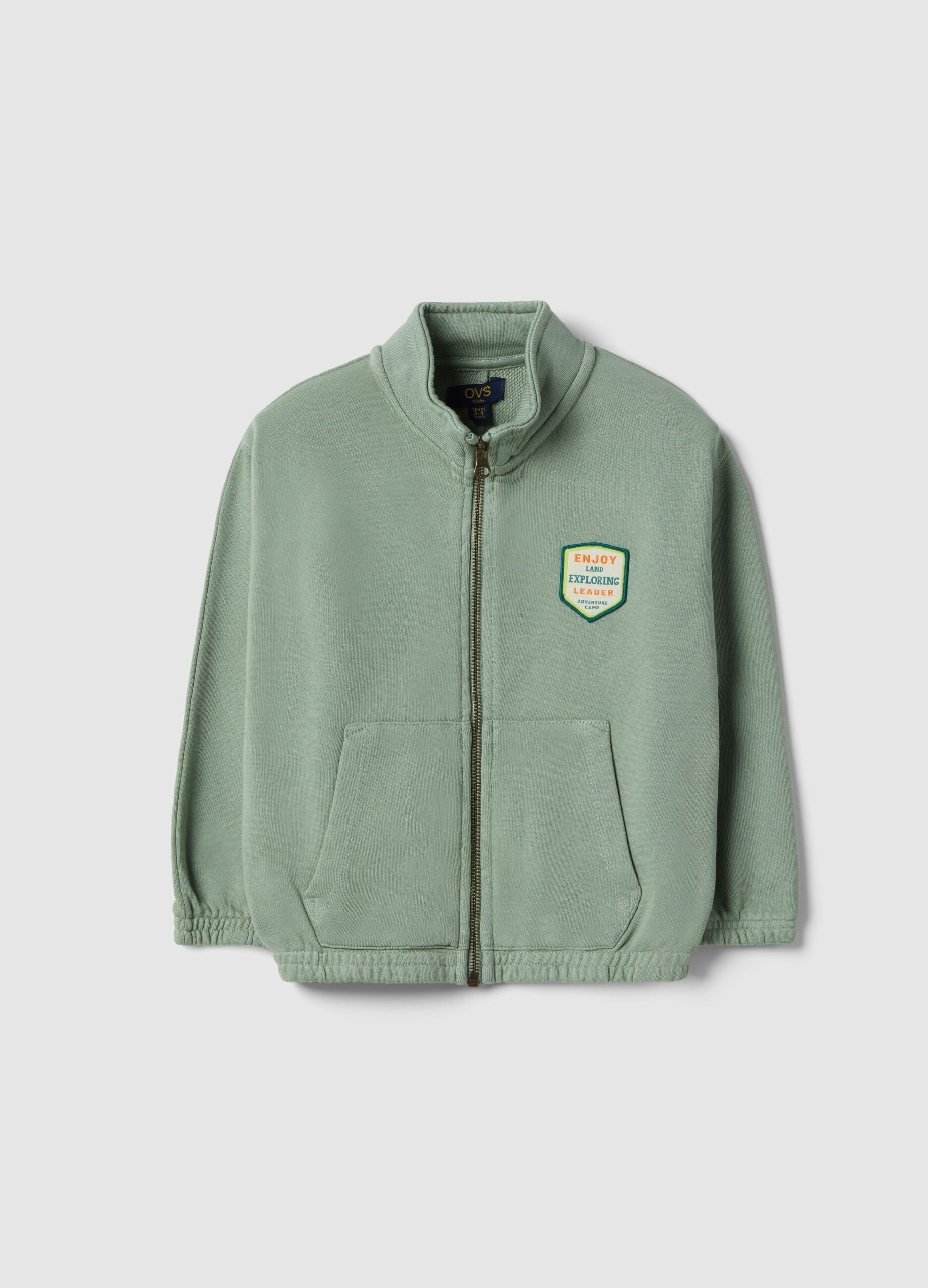 Green cotton blend kids' regular fit sweatshirt with zip and large pockets