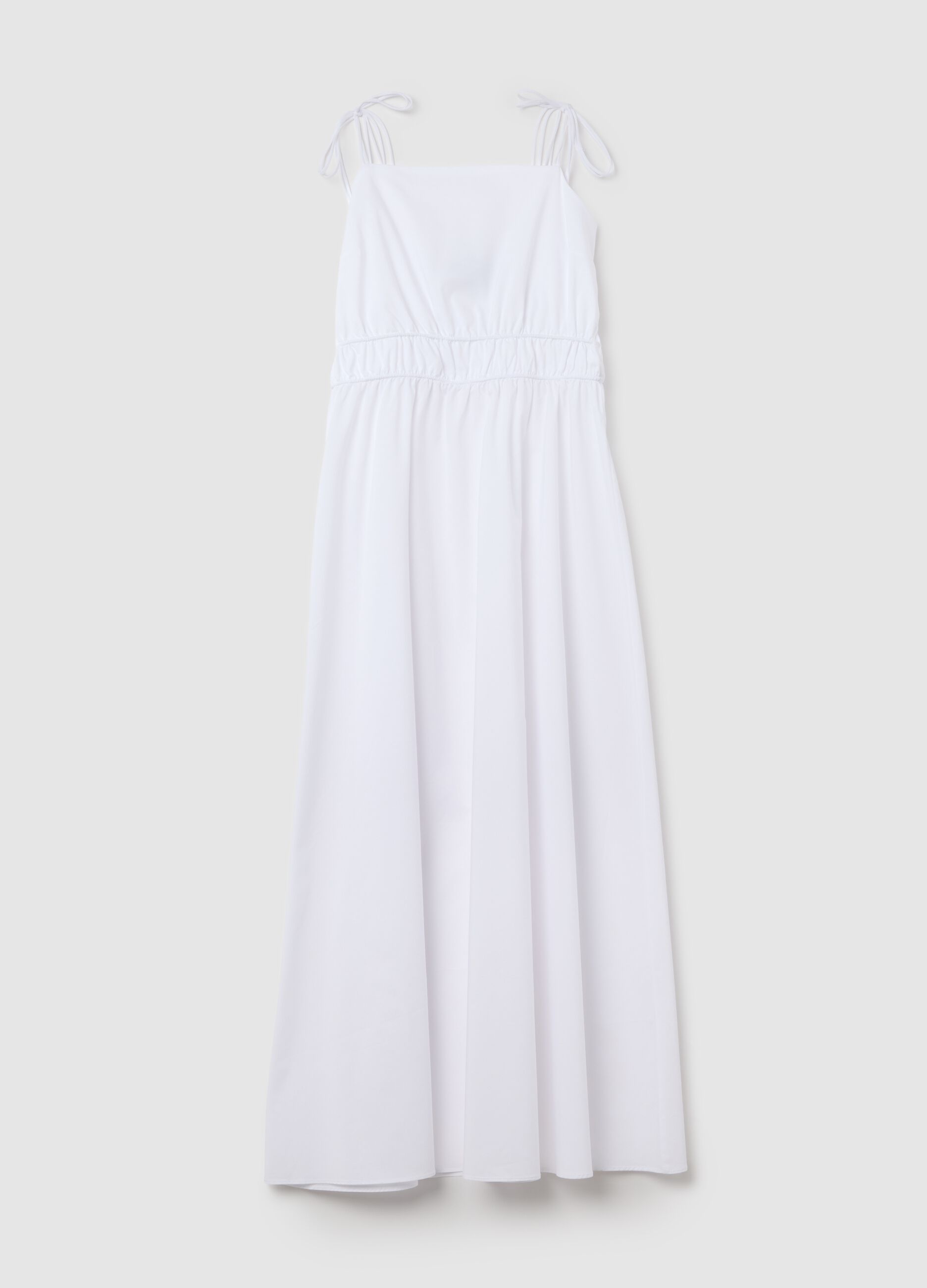 Women's long white cotton blend dress with regular fit and details