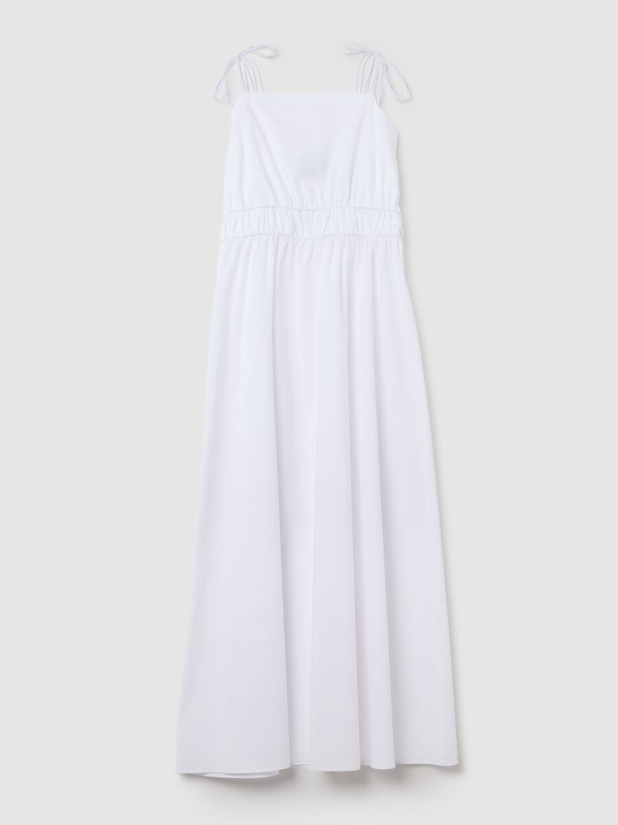 Women's long white cotton blend dress with regular fit and details_4