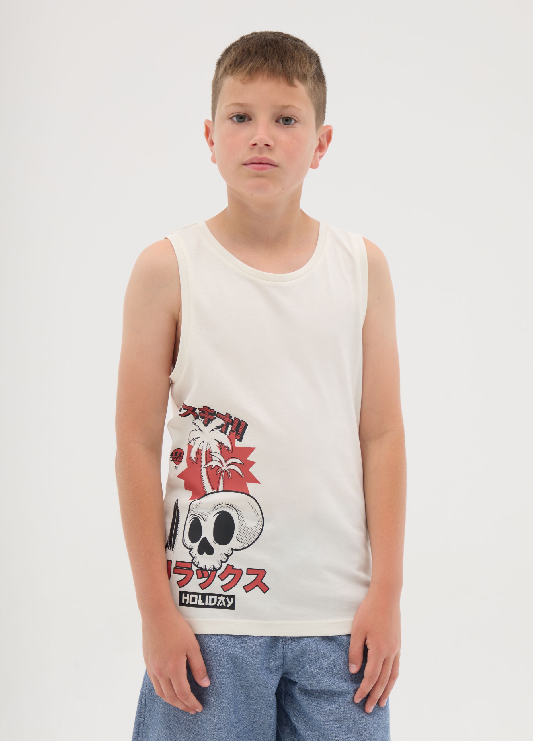 Boys' beige pure cotton regular fit tank top