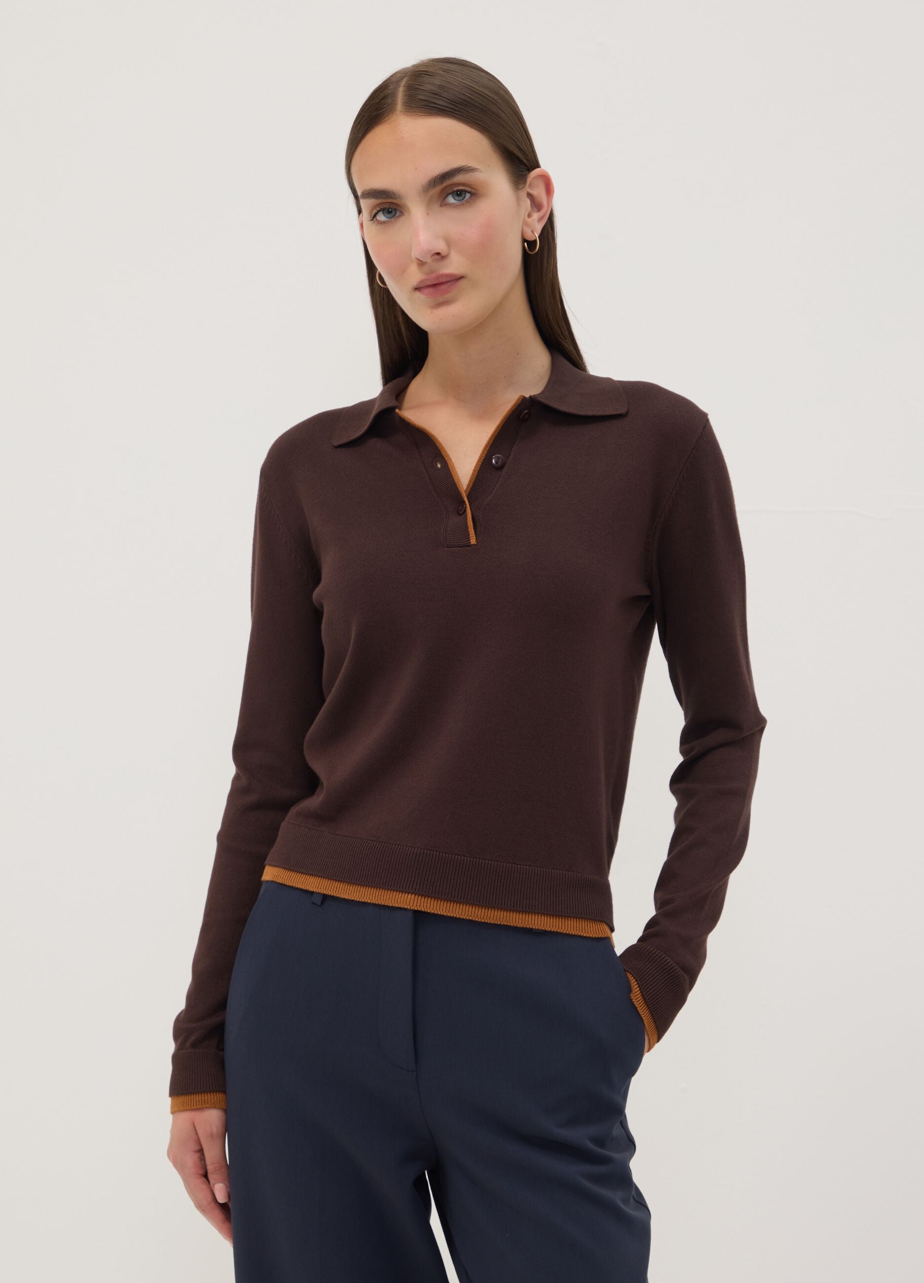 Brown viscose-blend polo-collar jumper, regular fit