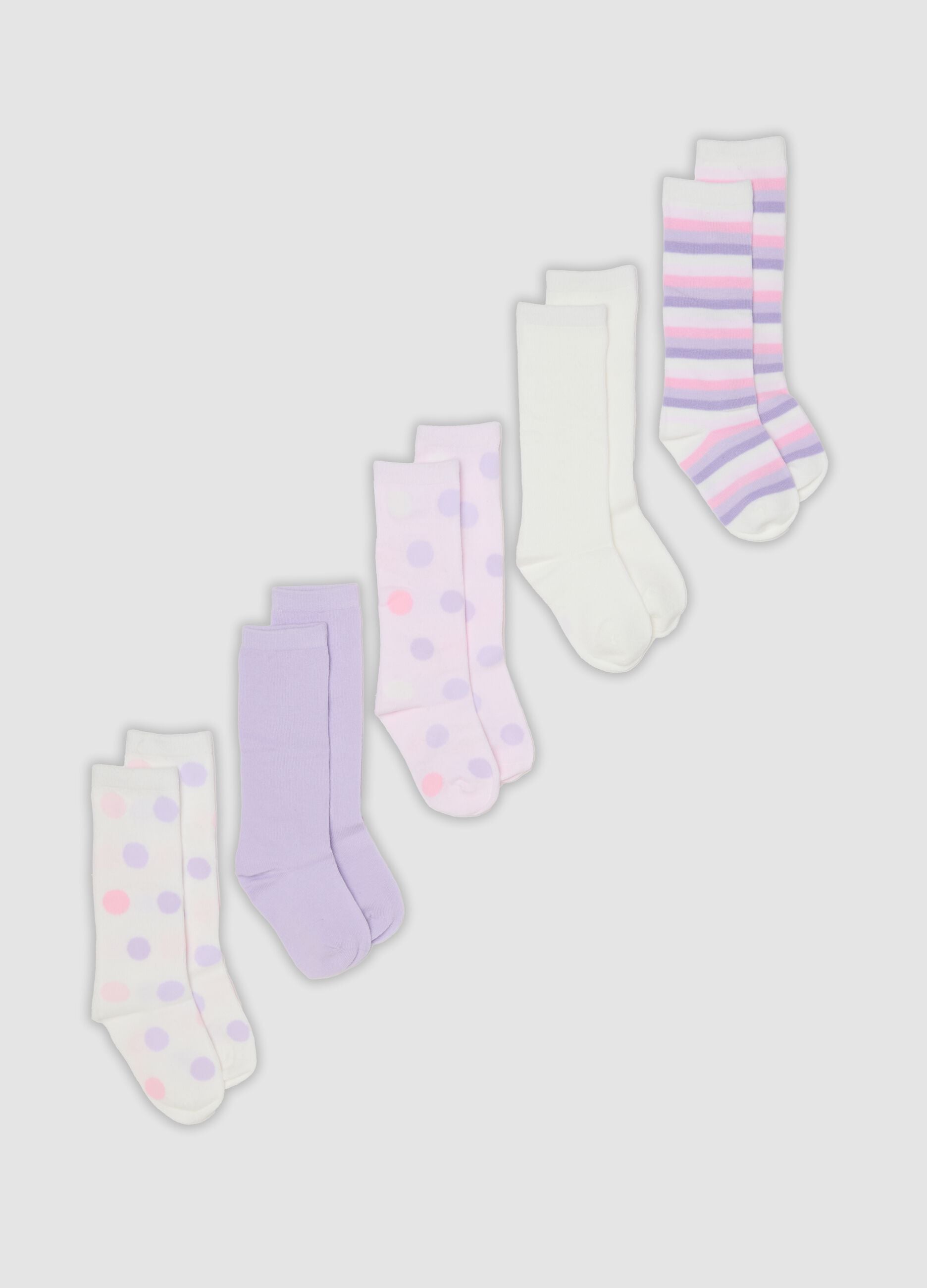 Pack of five long socks in white, lilac purple and light pink in stretch organic cotton