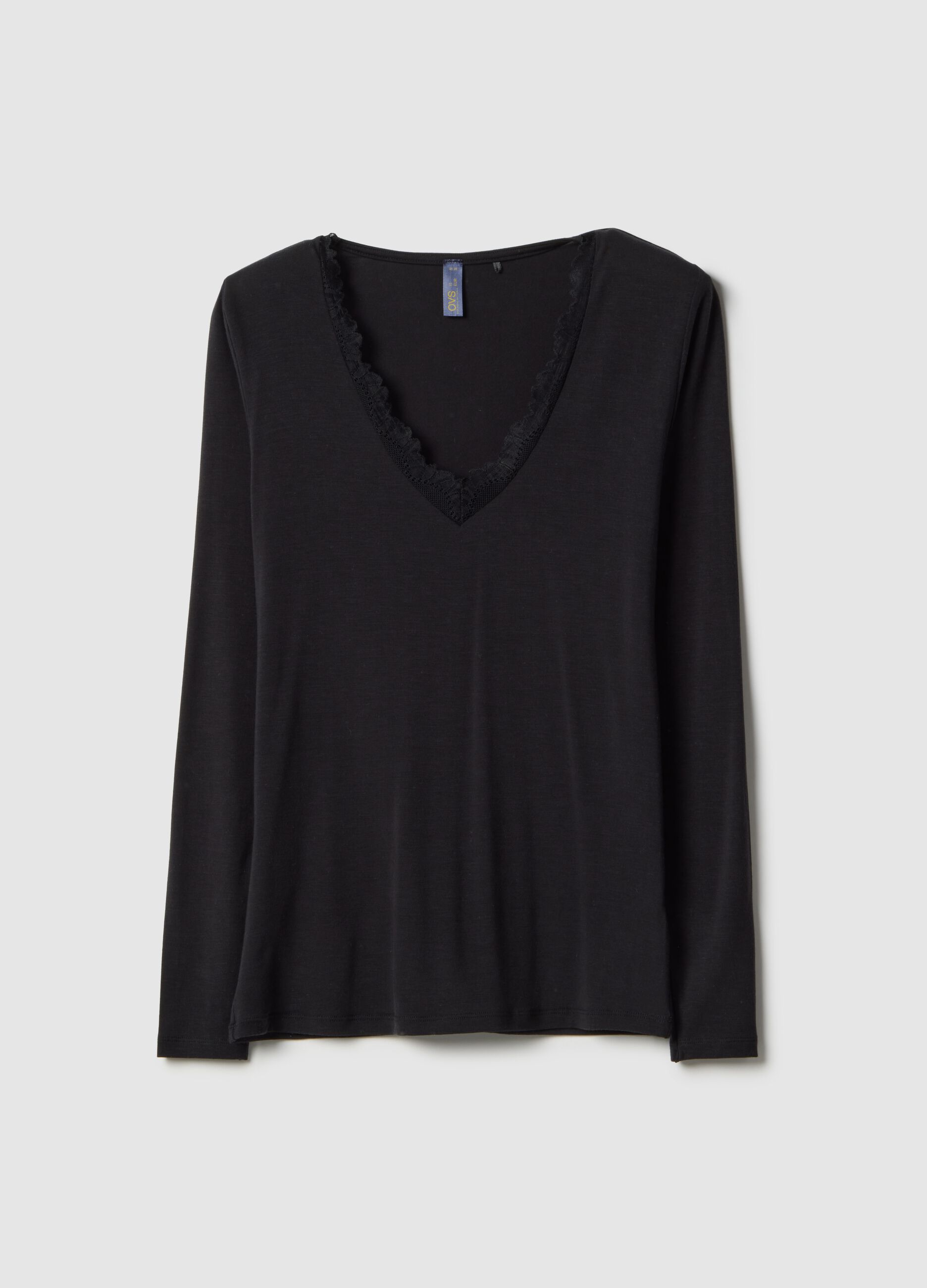 Black long sleeve top regular fit with lace trim