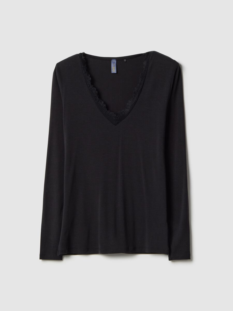 Black long sleeve top regular fit with lace trim_0