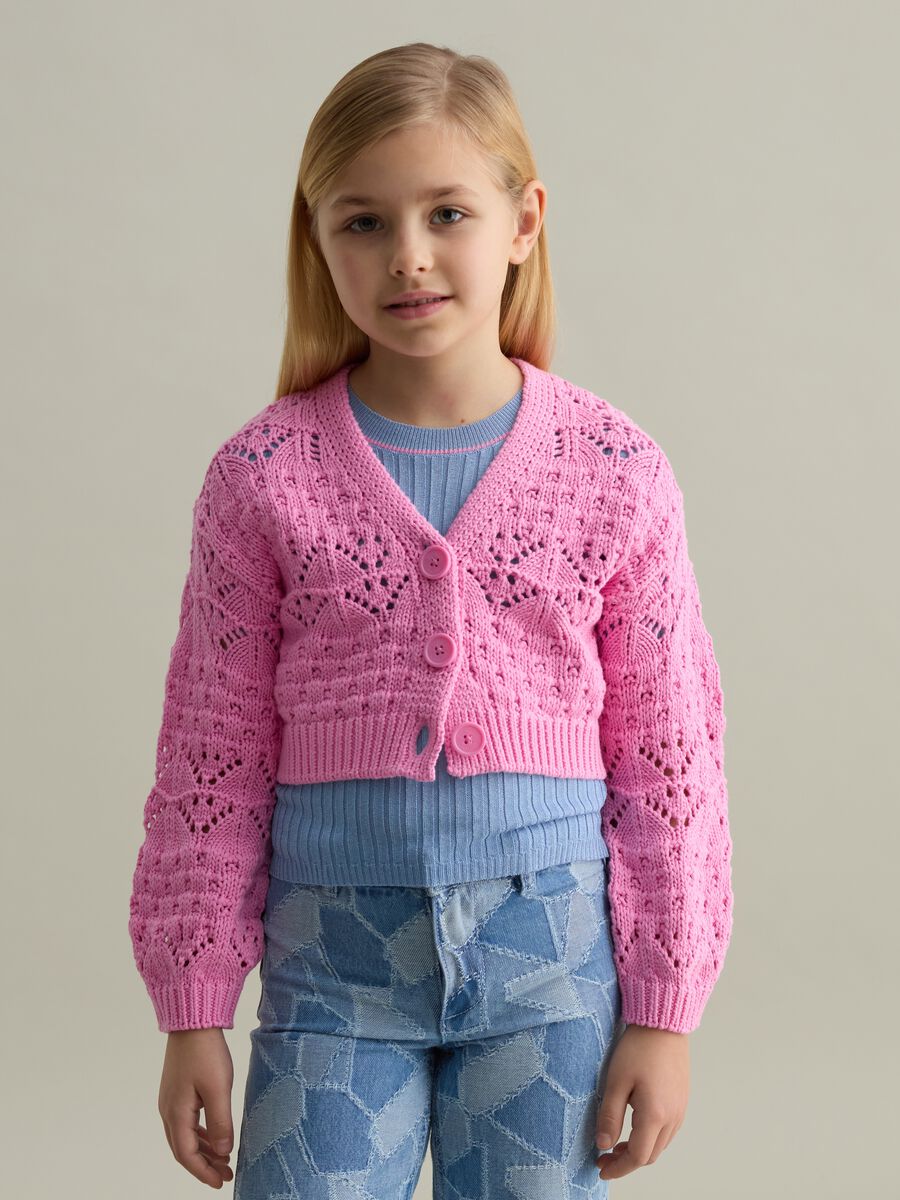 Cardigan with V neck and openwork design_0