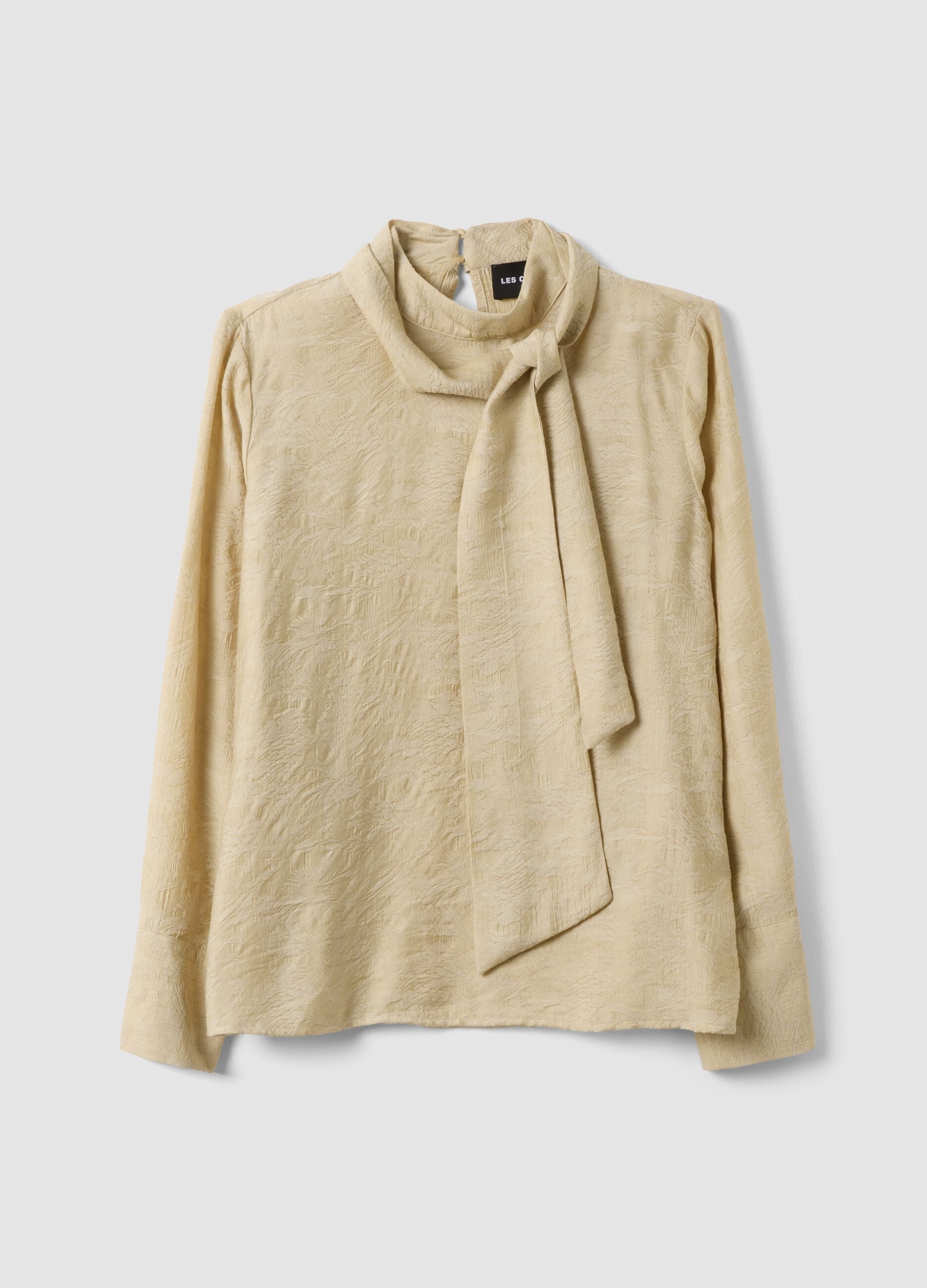 Beige viscose-blend blouse with bow collar