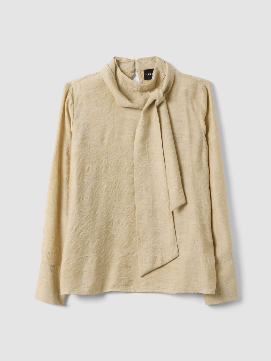 Camicia beige in misto viscosa con collo a fiocco_0