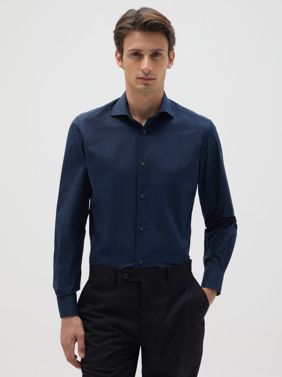 Camicia da uomo in puro cotone blu slim fit_0
