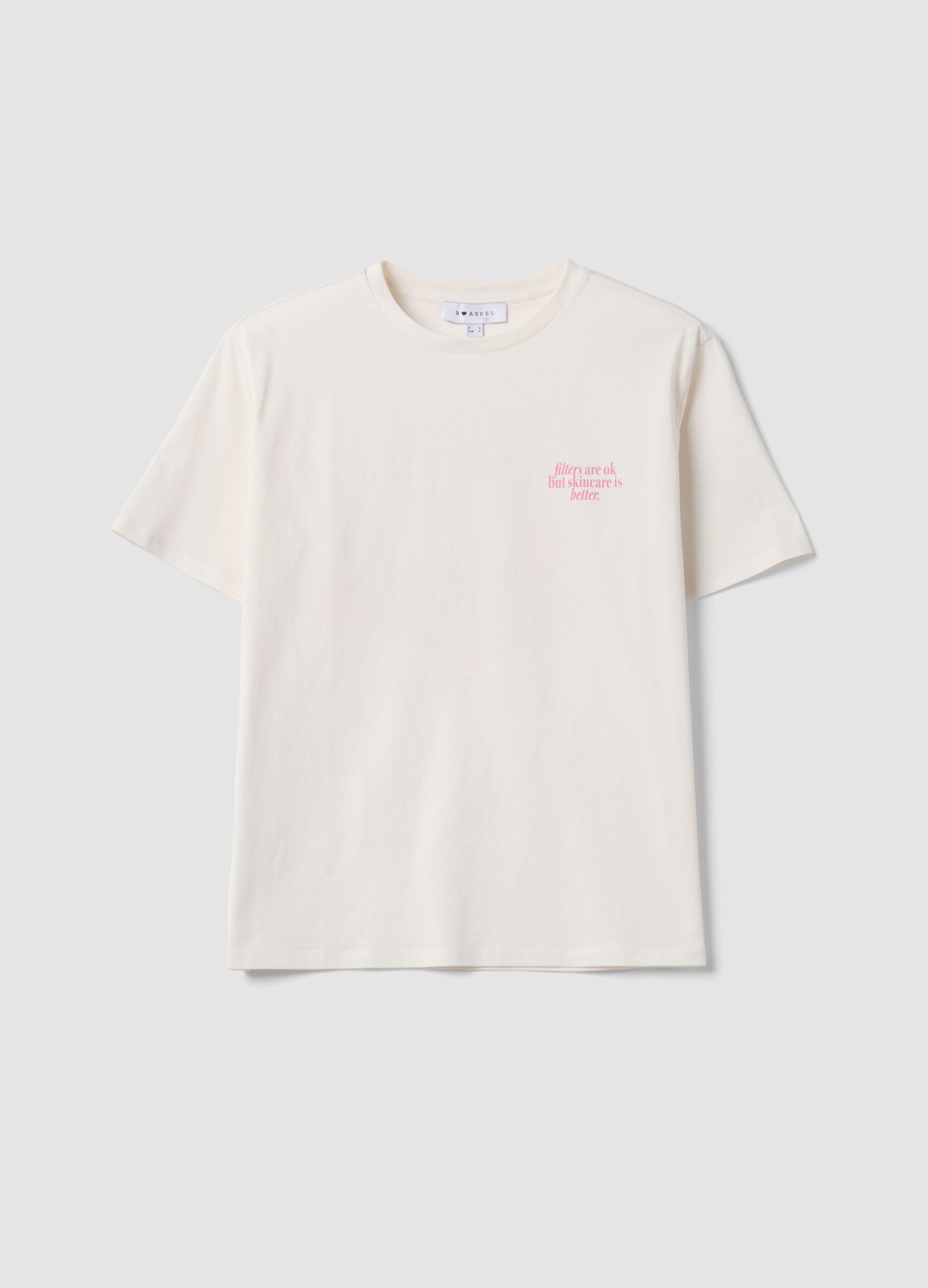 White pure cotton T-shirt with beauty slogan, relaxed fit