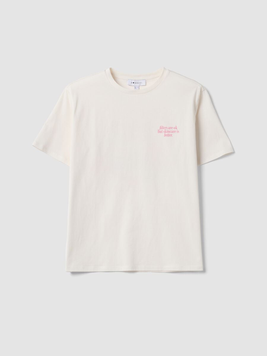 White pure cotton T-shirt with beauty slogan, relaxed fit_4