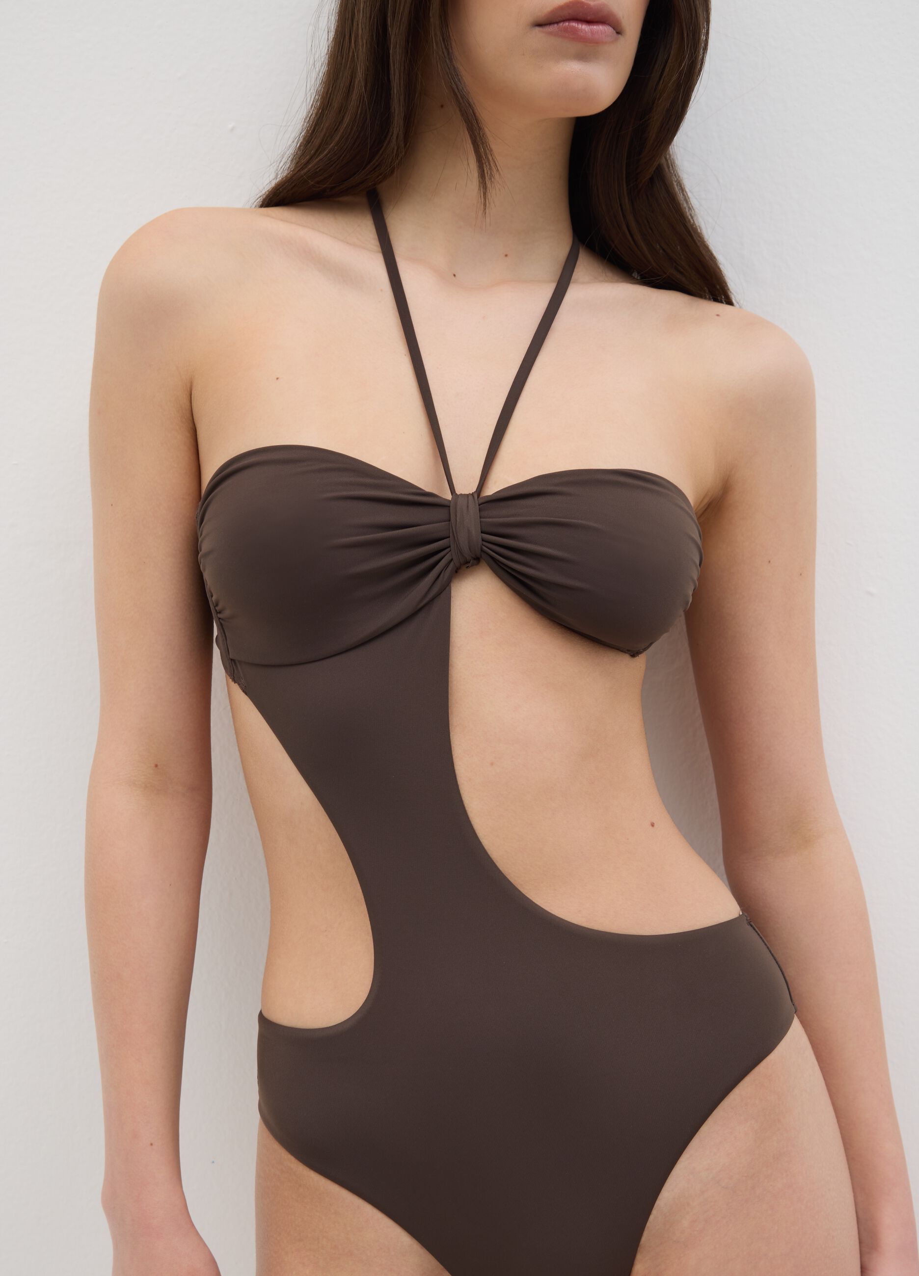 Women's brown stretch fabric one-piece swimsuit