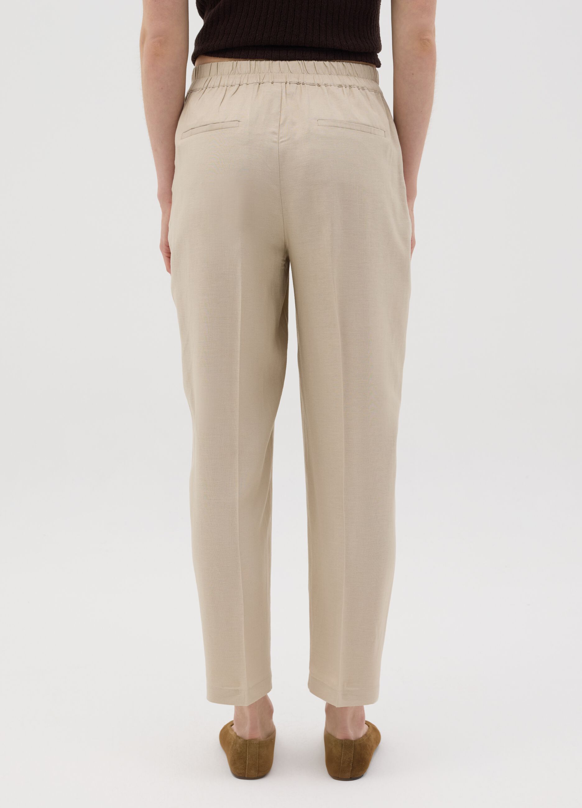 Pantaloni da donna in misto lino beige dritti