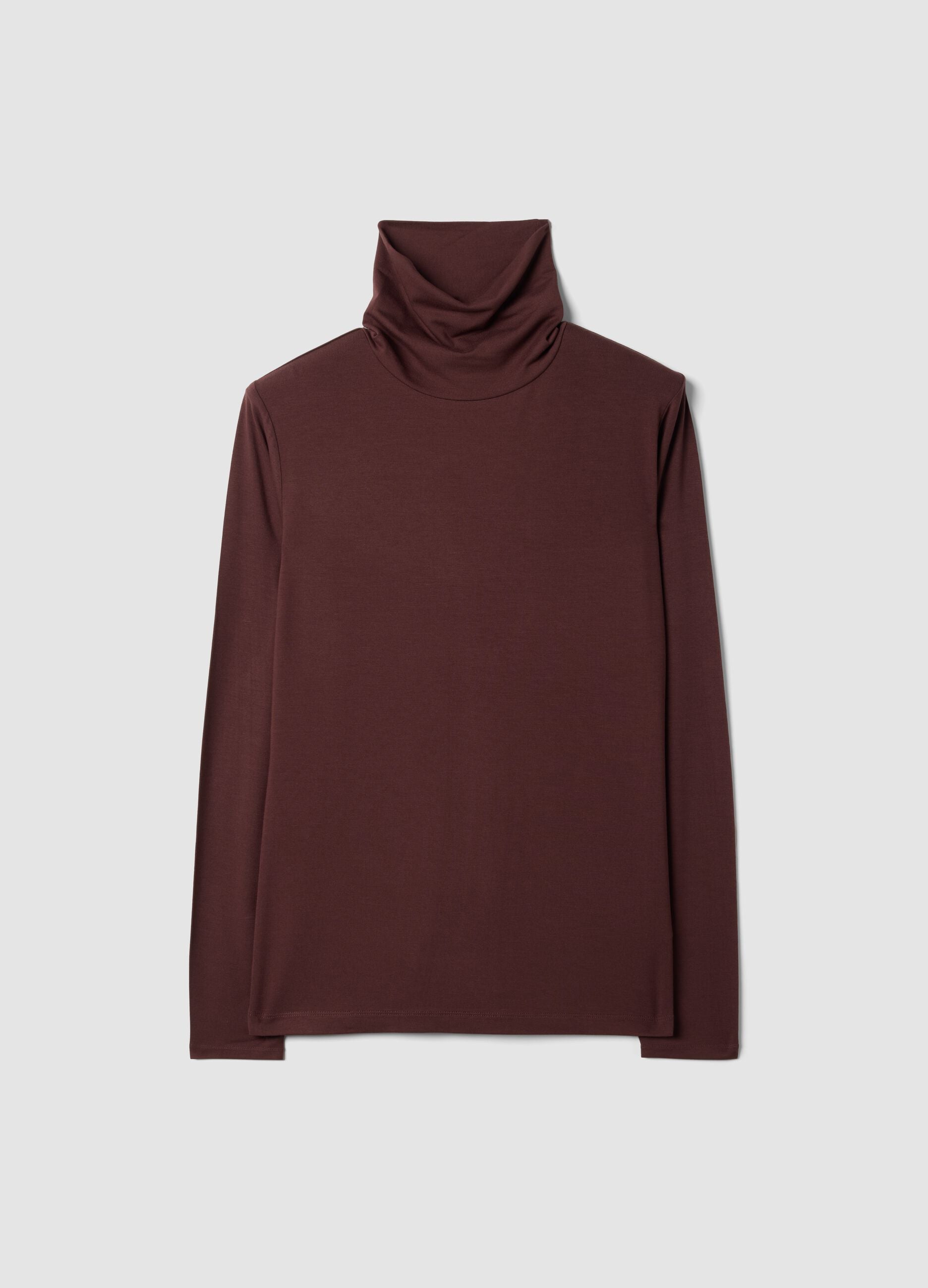 Brown stretch viscose top with high neck, regular fit