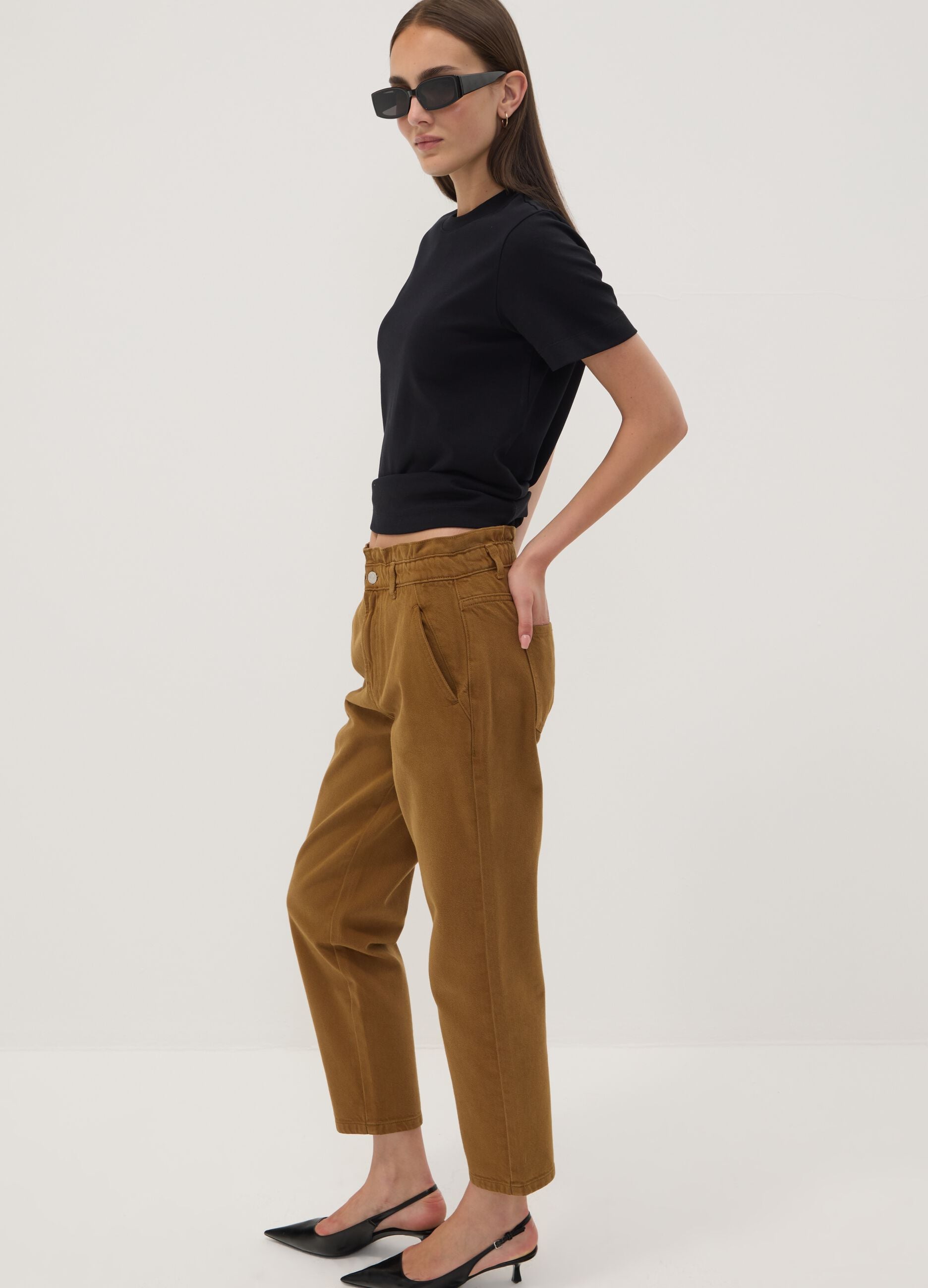 Bronze brown baggy-fit pure cotton denim jeans with paper-bag waist