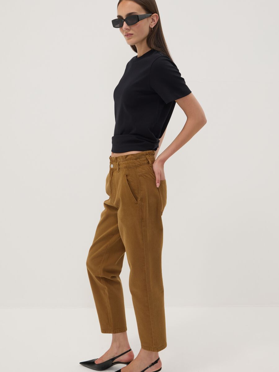 Bronze brown baggy-fit pure cotton denim jeans with paper-bag waist_0