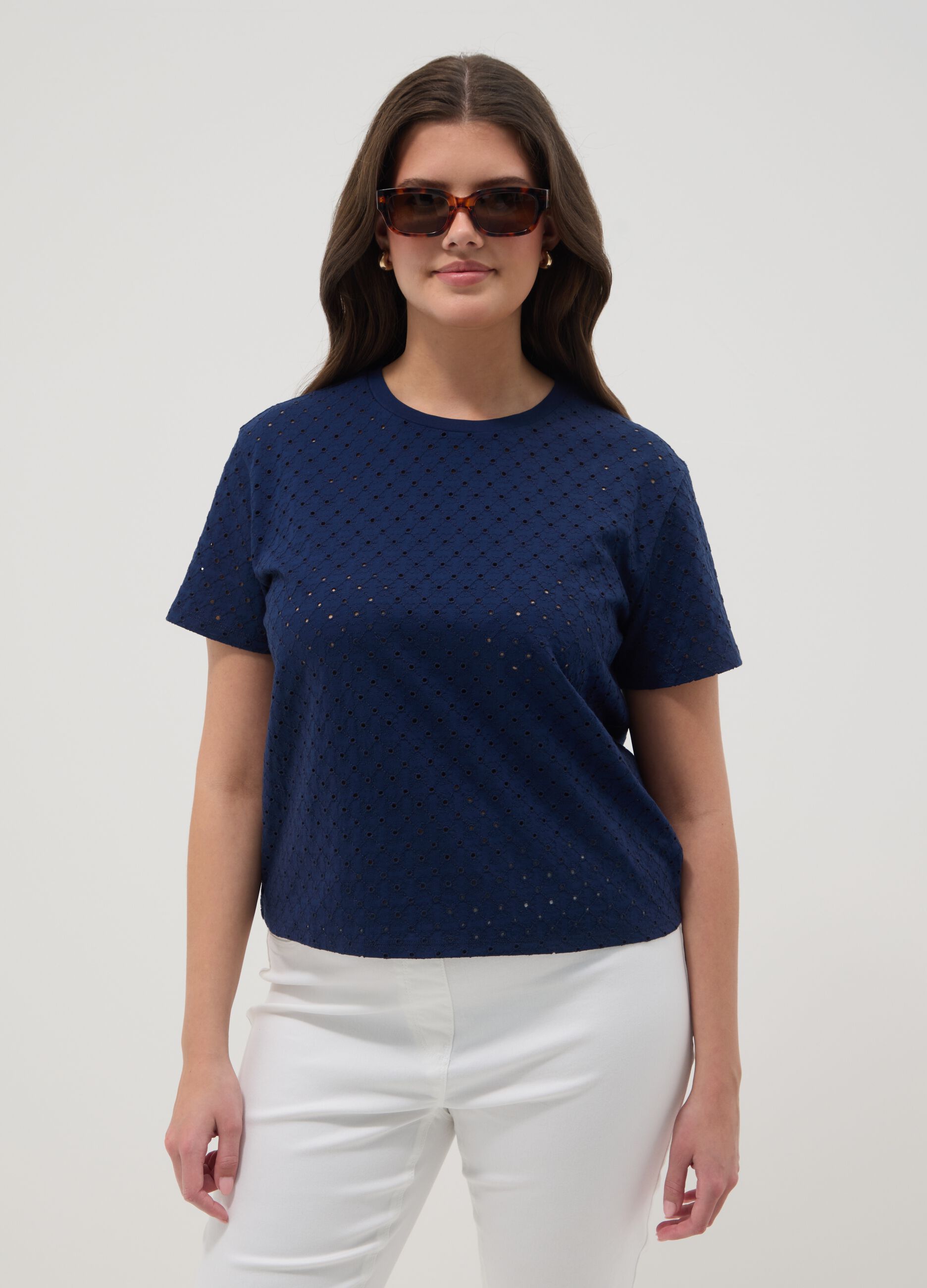 Blue open-knit cotton-blend T-shirt