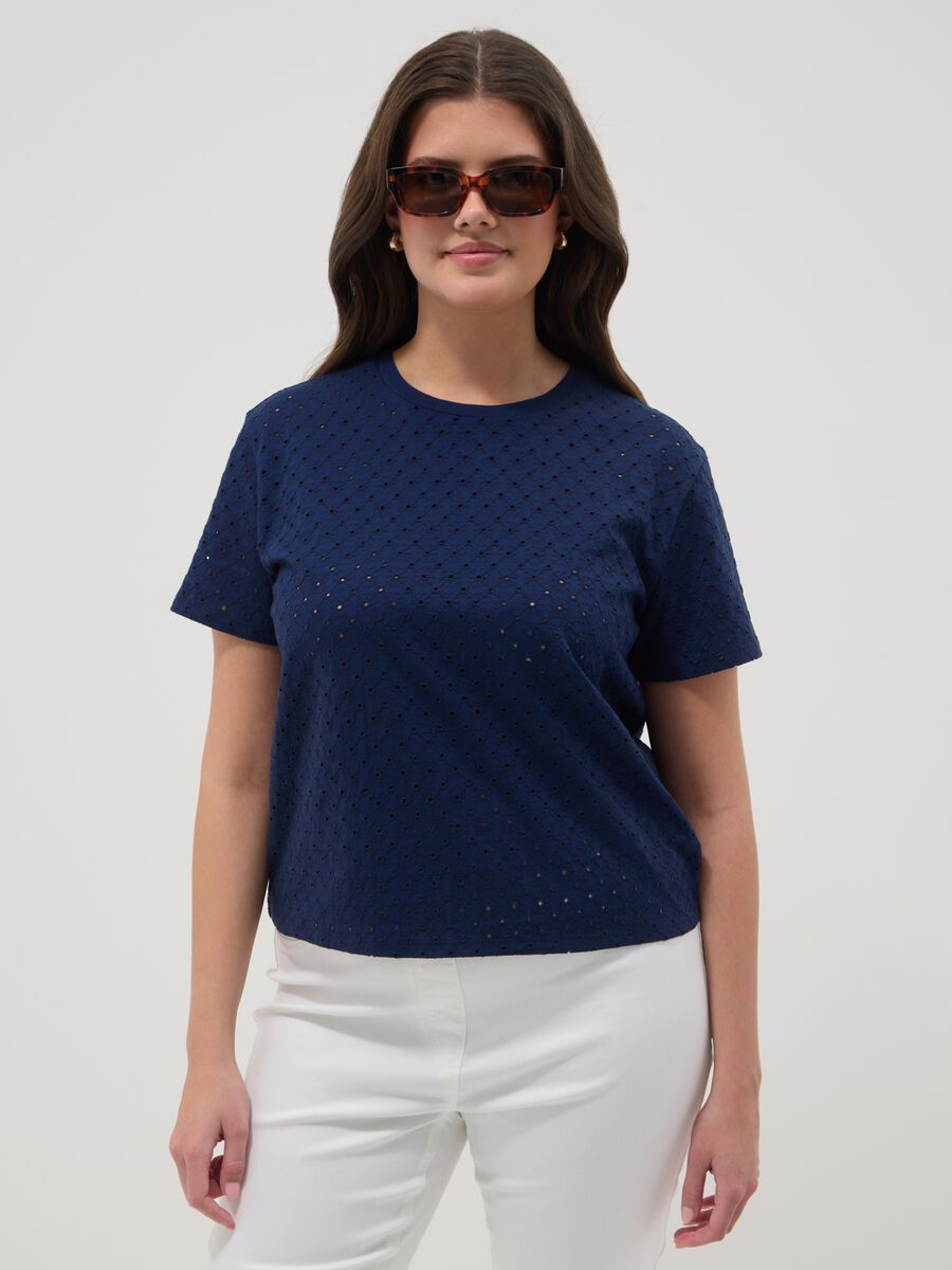 Blue open-knit cotton-blend T-shirt_1