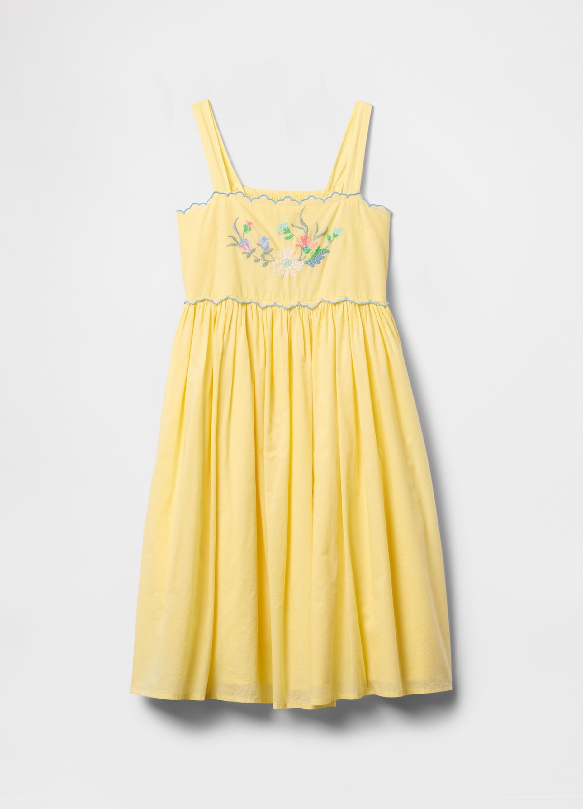 Yellow summer dress with floral embroidery in cotton