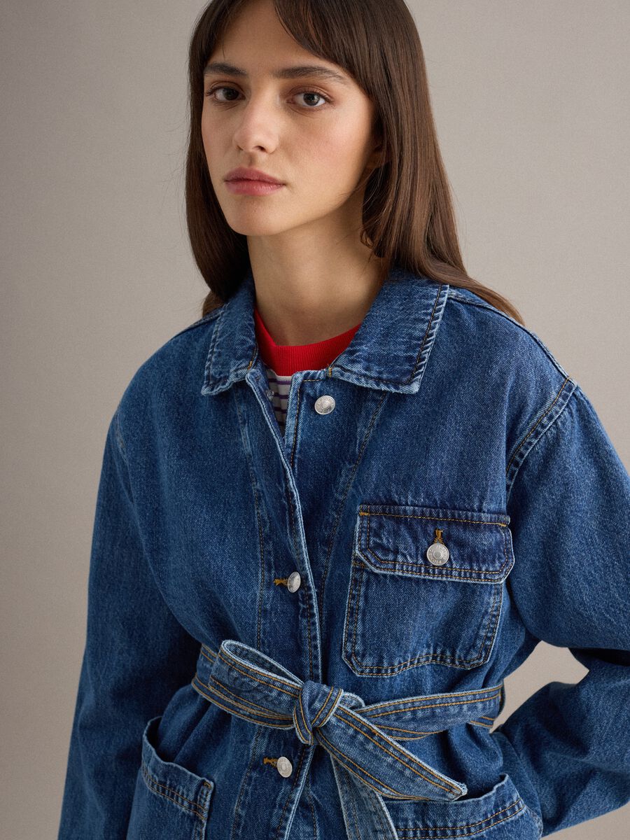 Blue denim jacket, pure cotton, regular fit with belt_0