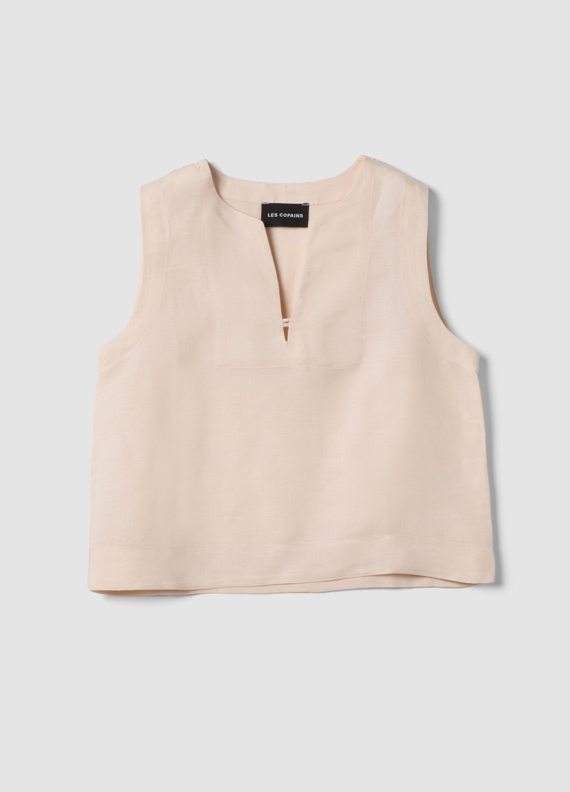 Beige linen-viscose blend top with oversized fit