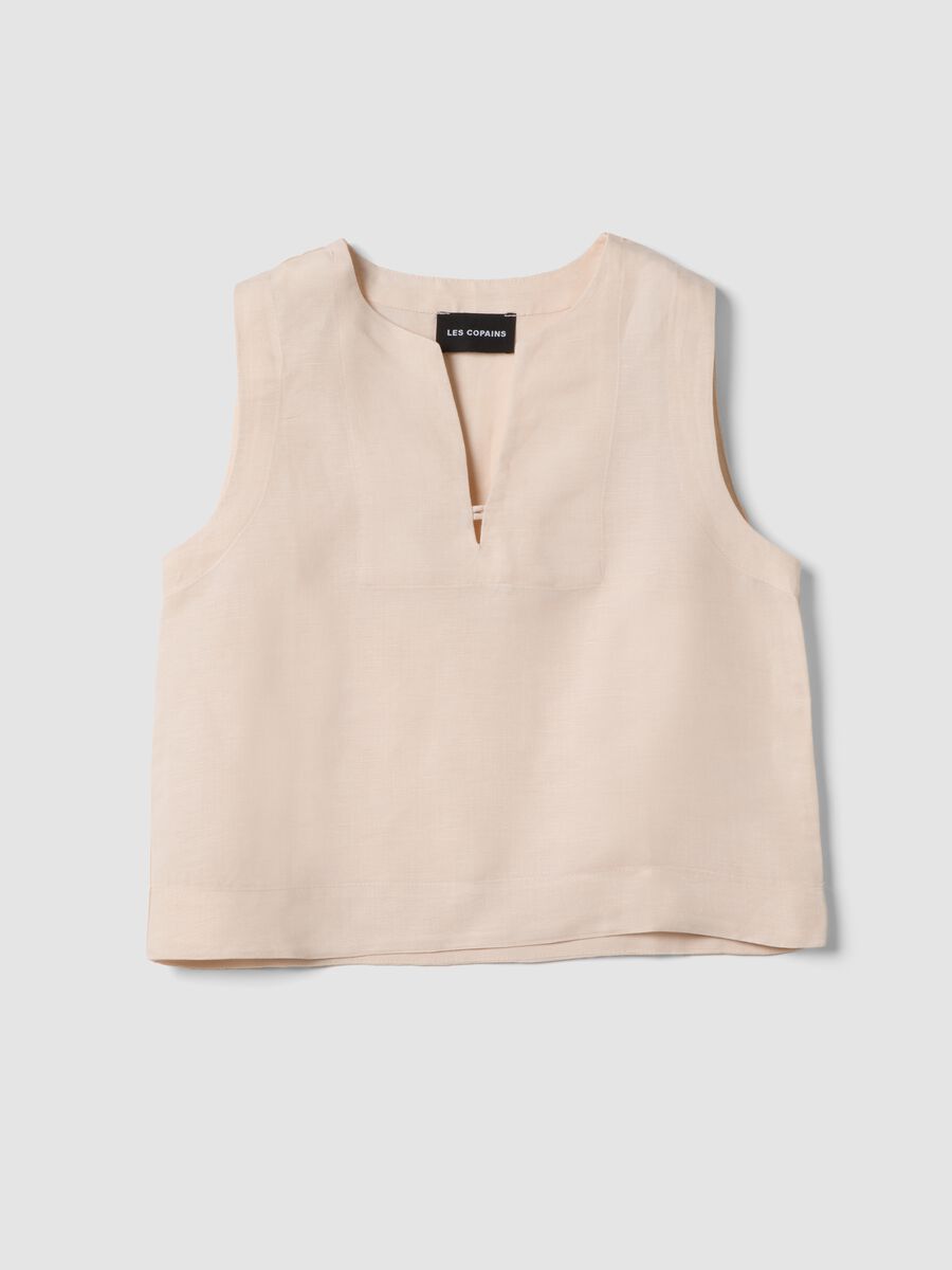 Beige linen-viscose blend top with oversized fit_0