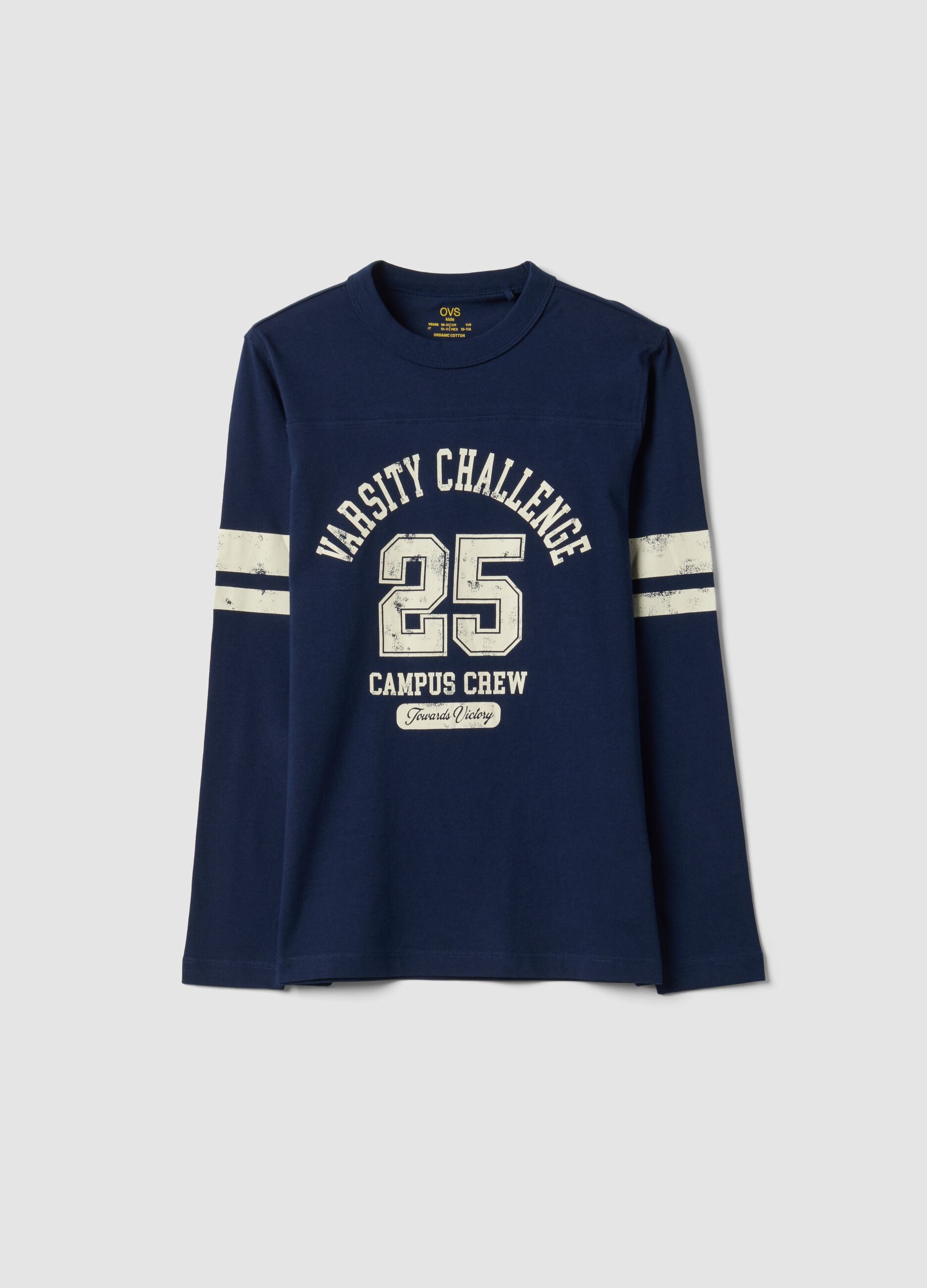 T-shirt blu in puro cotone organico con stampa college per ragazzo